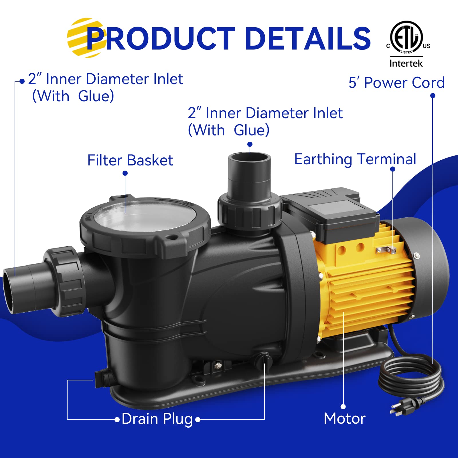 Acquaer 2 HP High Flow Pool Pump - 7860 GPH 115V Energy Efficient Swimming Pool Pump for Above Ground & Inground Pools | Self Priming with Strainer Basket | Perfect for Backyard, Residential & Commercial Pool Maintenance