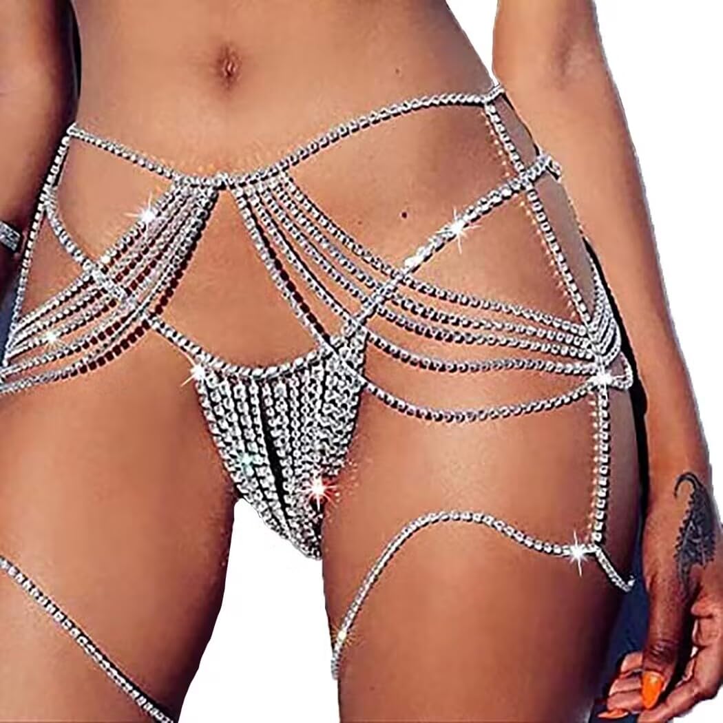 Silver Rhinestone Waist Body Chain | Crystal Belly Chain Jewelry | Sparkly Bikini Dress Accessory for Women & Girls | Adjustable Free Size | Perfect for Nightclub, Beach Party & Festival Outfits