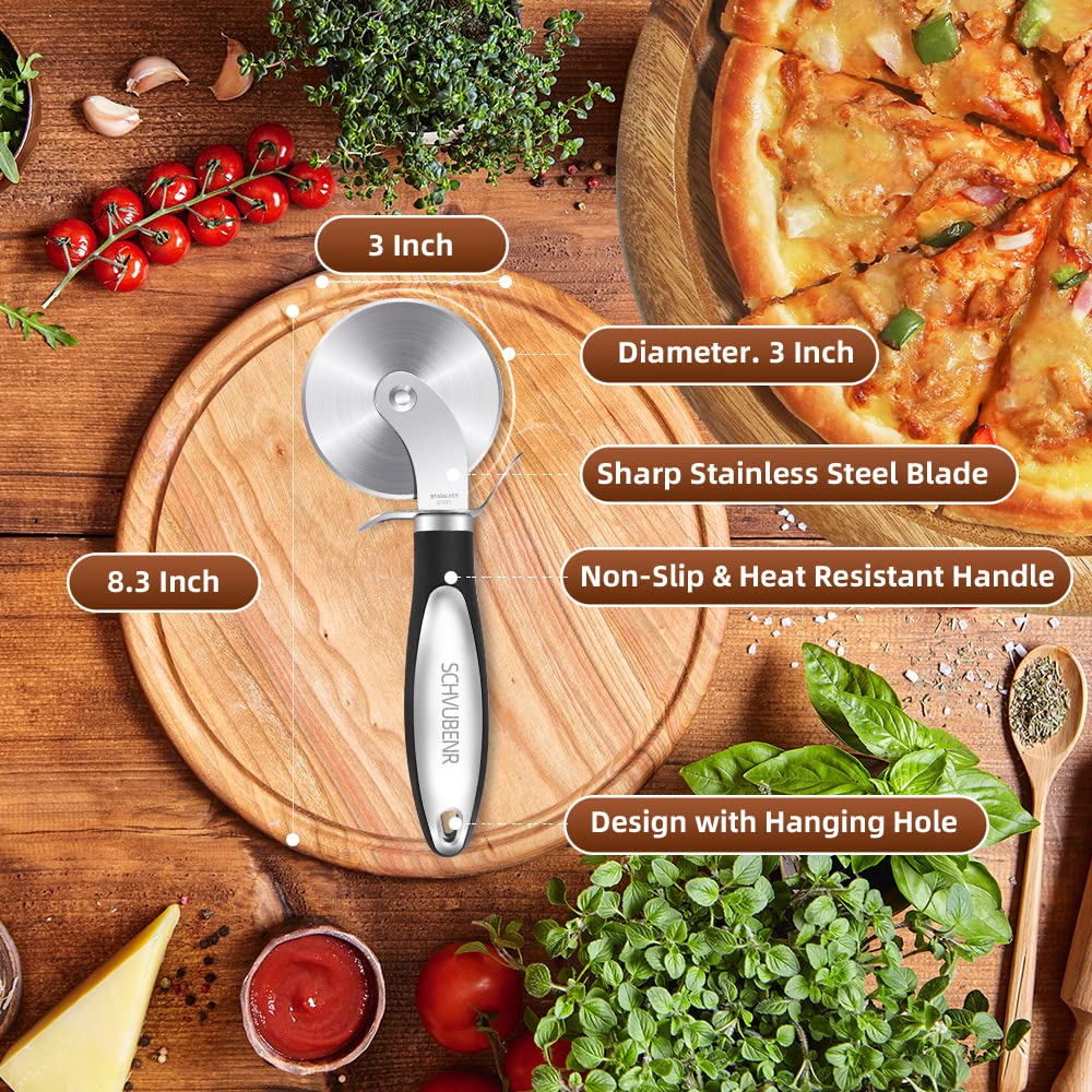 Premium Stainless Steel Pizza Cutter Wheel - Sharp & Durable Pizza Slicer for Easy Cutting & Cleaning - Dishwasher Safe - Perfect for Large & Small Pizzas (Black) - Ideal for Home Kitchens, Restaurants & Pizza Parties