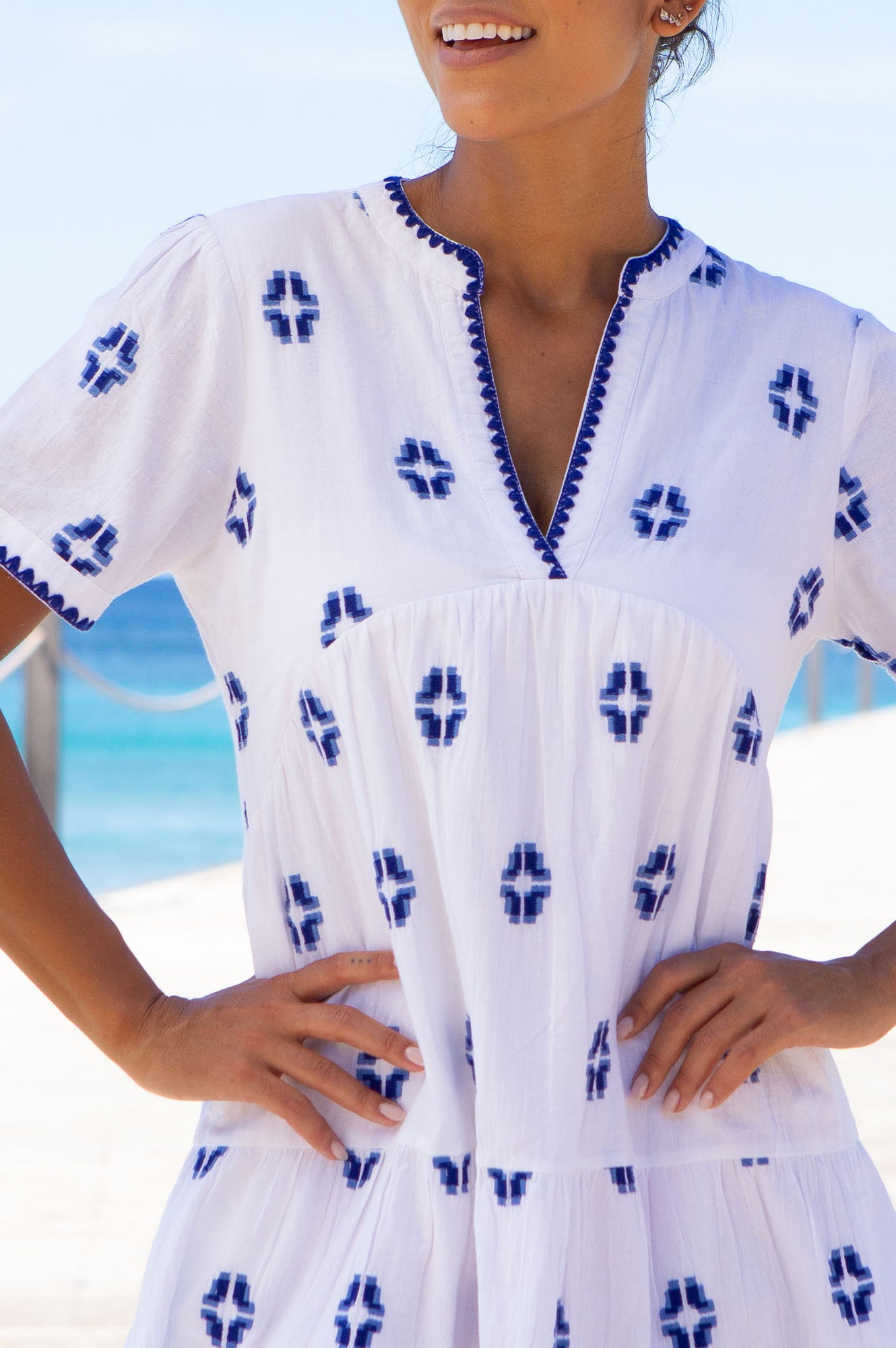 Handmade Indian Embroidered Organic Cotton Dress for Women - Breathable Summer Maxi Dress in White & Blue | Perfect for Beach Vacations, Boho Festivals & Casual Outings