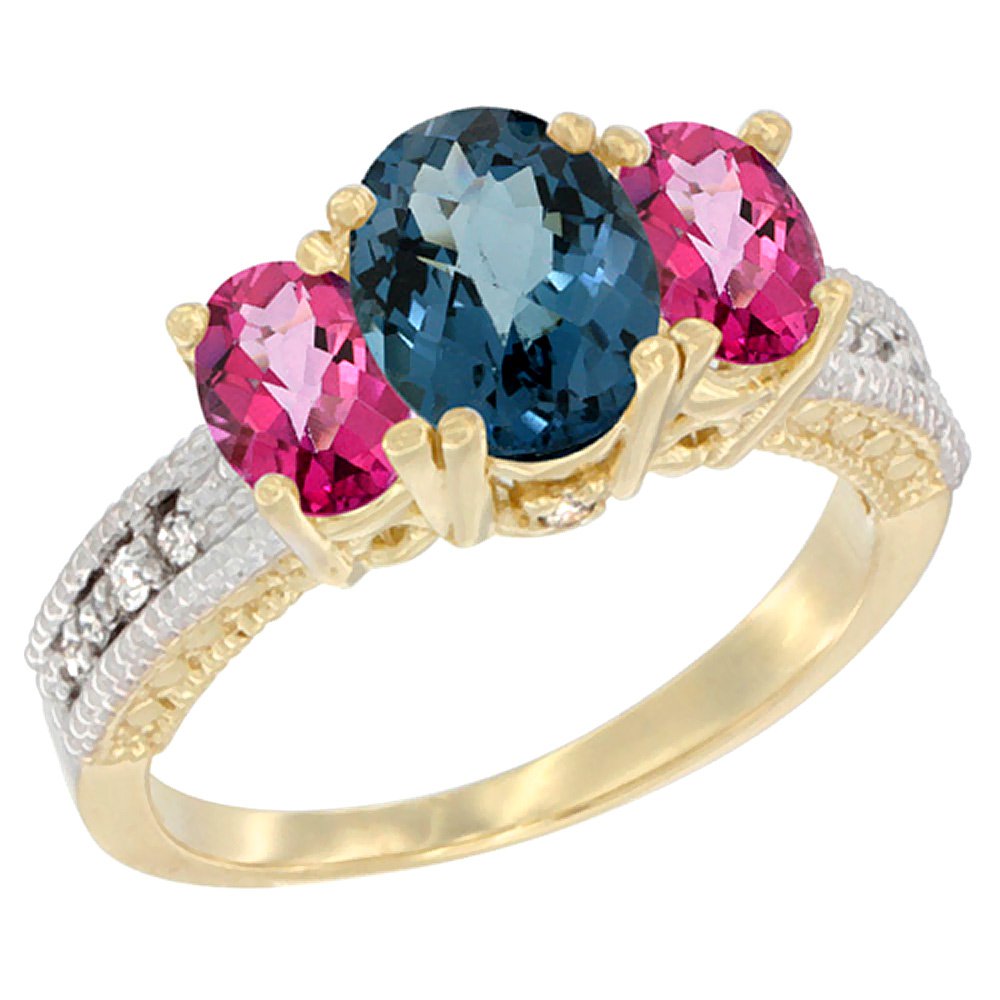 10K Yellow Gold Natural London Blue Topaz and Pink Topaz Oval 3-Stone Diamond Ring - Size 5-10 | Elegant Wedding, Engagement & Anniversary Jewelry Gift for Women