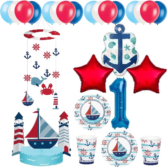 Nautical 1st Birthday Party Decorations Set - Anchor & Sailboat Theme Balloons, Centerpiece, Hanging Mobile, Plates & Cups for Baby Boy/Girl First Birthday - Perfect for Ocean-Themed Birthday Parties, Baby Showers & Nautical Celebrations