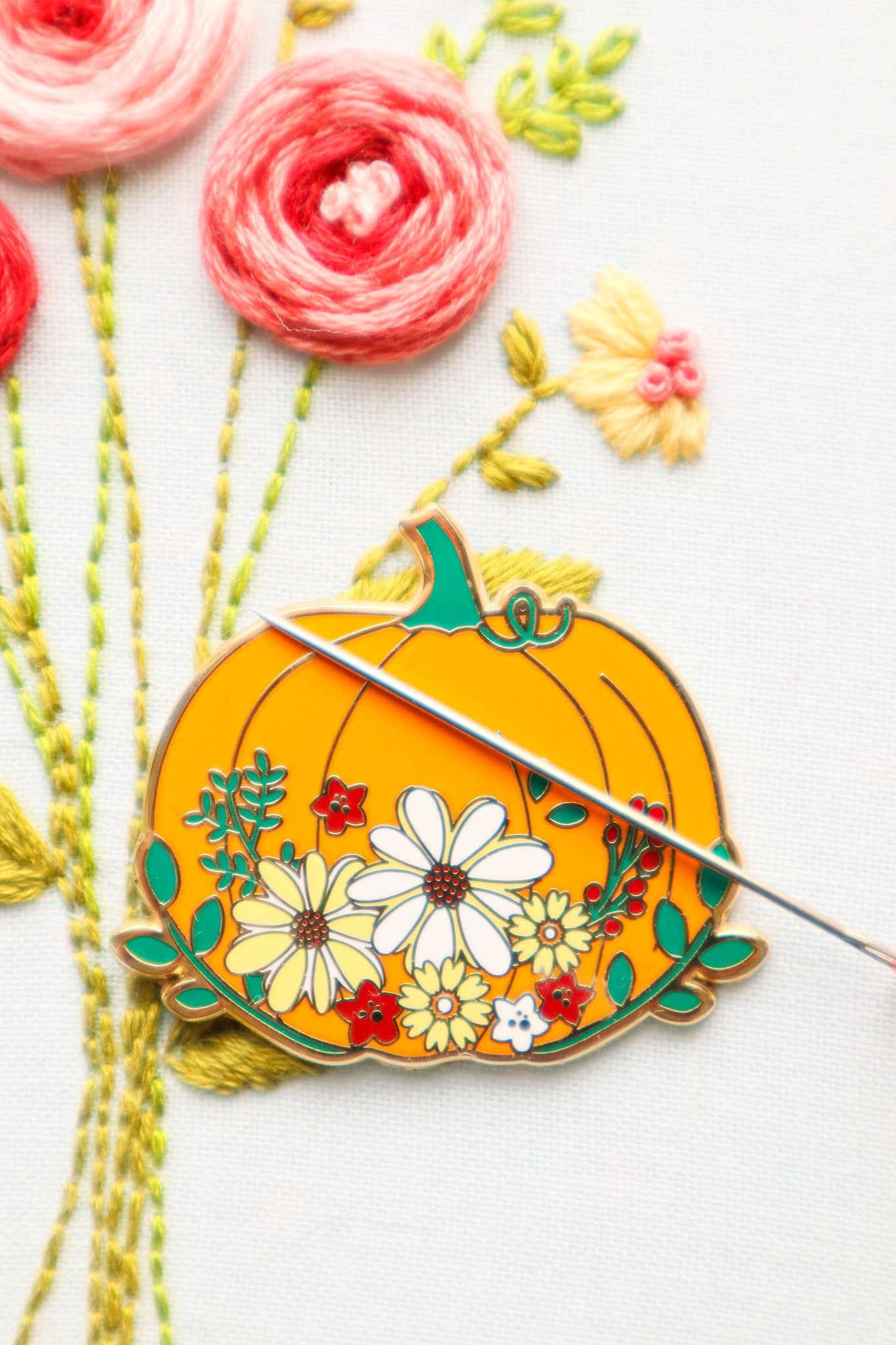 Floral Pumpkin Needle Minder for Sewing & Embroidery - Magnetic Pin Holder by Flamingo Toes | Perfect for Quilting, Cross Stitch & Craft Projects