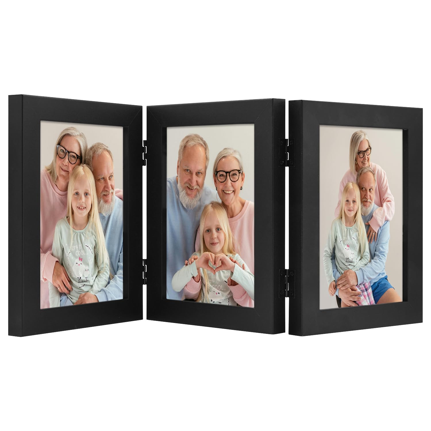 Frametory 5x7 Triple Picture Frame - Black Trifold Photo Collage with Glass Front for Tabletop Display | Perfect for Family Photos, Wedding Memories, and Home Decor (1 Pack)