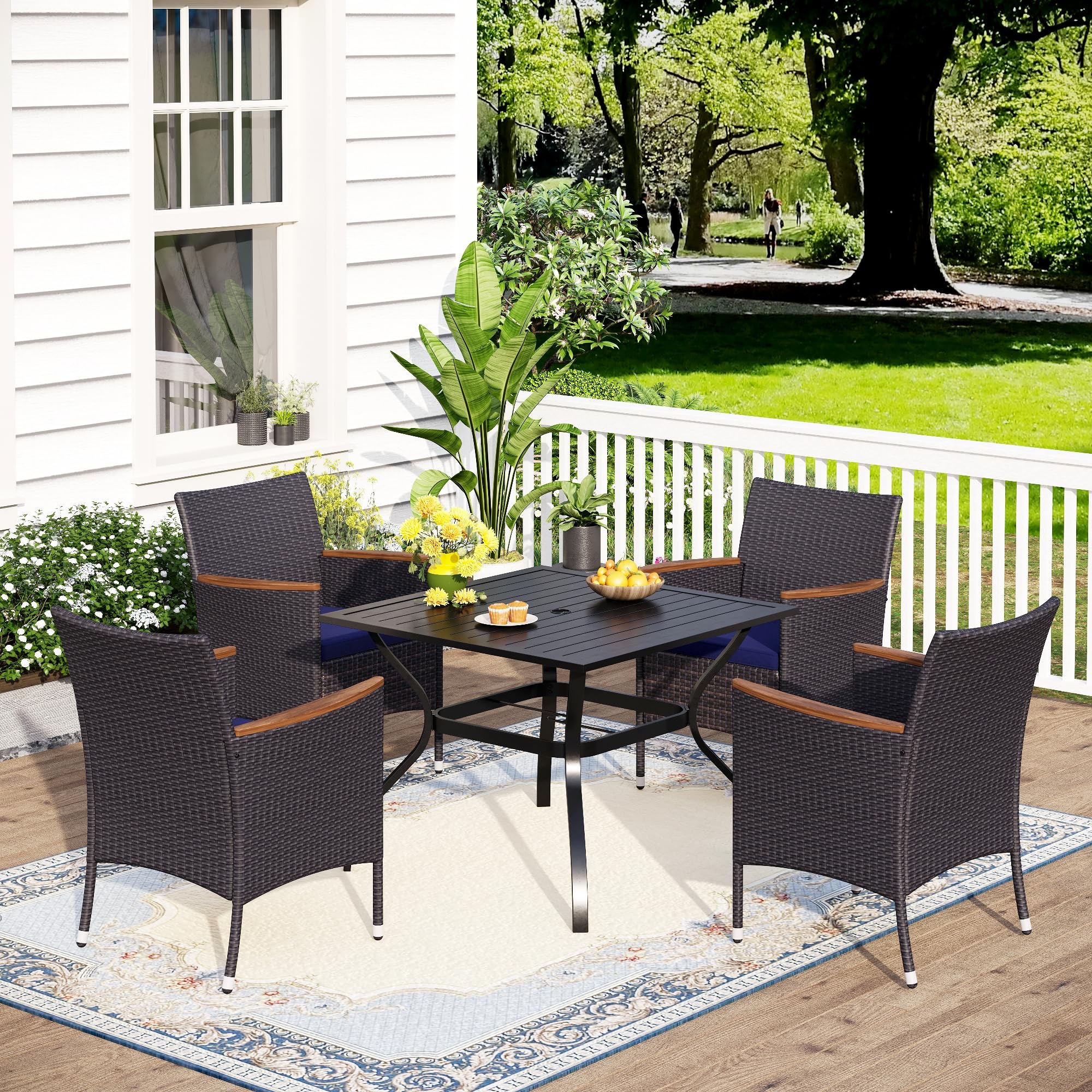MFSTUDIO 4-Piece Brown Wicker Patio Dining Chairs Set - Outdoor Rattan Woven Chairs with Cushions, Wide Seat for Porch, Garden, Backyard & Poolside - Perfect for Dining, Lounging and Entertaining Guests