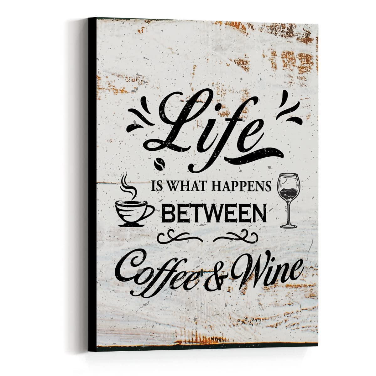 Vintage Coffee Quote Canvas Print - 'Life is What Happens Between Coffee and Wine' Wall Art Decor for Coffee Bar, Kitchen & Office - Perfect Gift for Coffee Lovers (Men & Women) - Home & Cafe Decoration