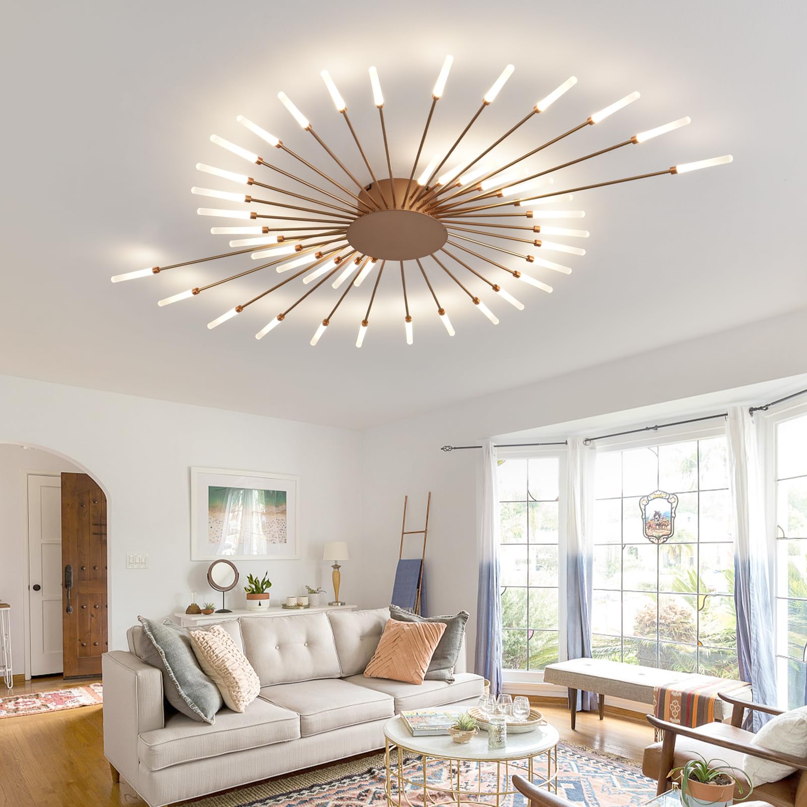 Modern 42-Light LED Flush Mount Chandelier - Flower Shape Ceiling Light Fixture for Living Room, Bedroom & Dining Room - Gold Metal Acrylic Design - Perfect for Home Decor, Ambient Lighting & Interior Design