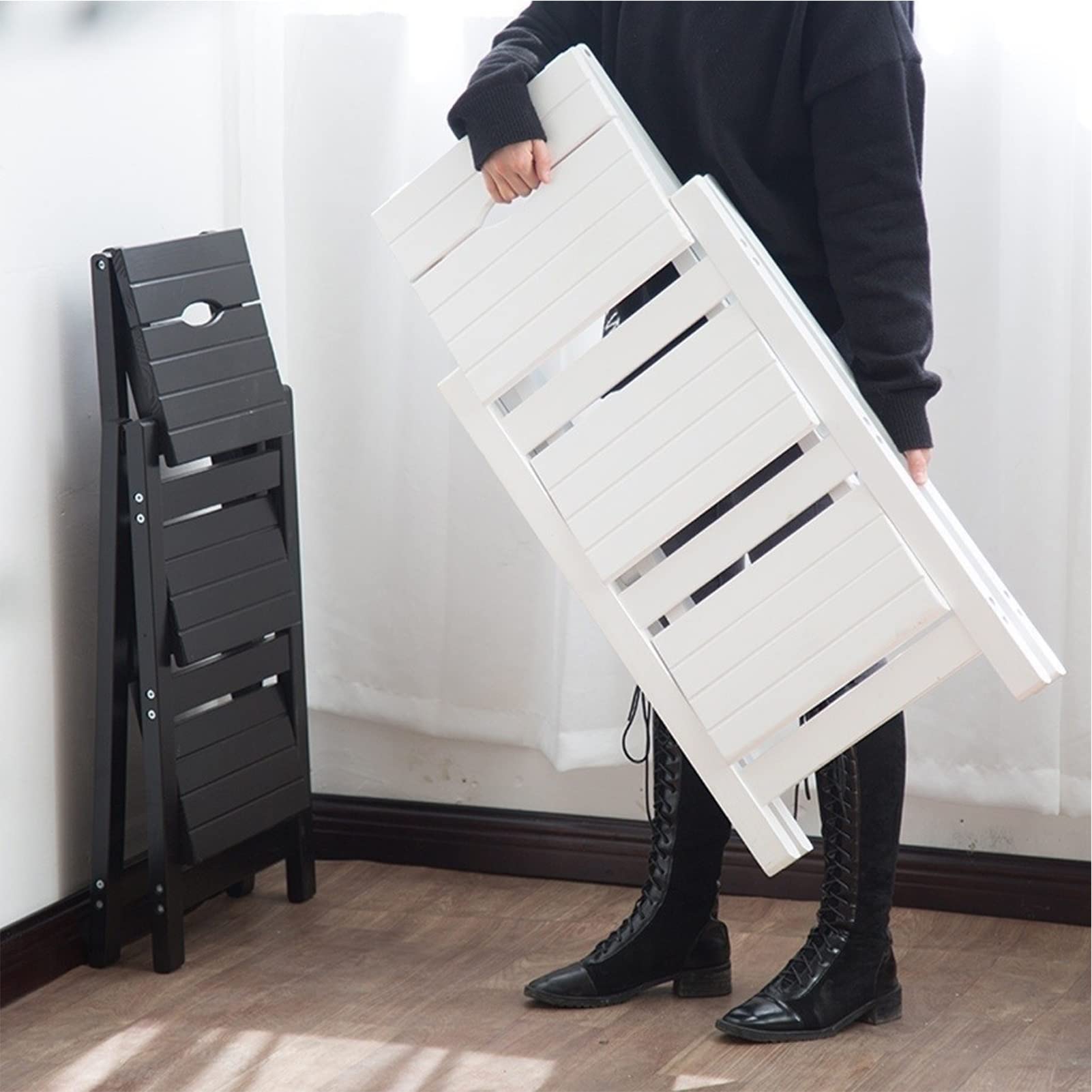 FADUNI 3 Step Wooden Folding Stool Ladder - Portable Step Stool for Home, Office, Kitchen - Black Walnut Foldable Step Ladder with Storage Shelf | Perfect for Reaching High Shelves, Changing Light Bulbs, and Organizing Spaces