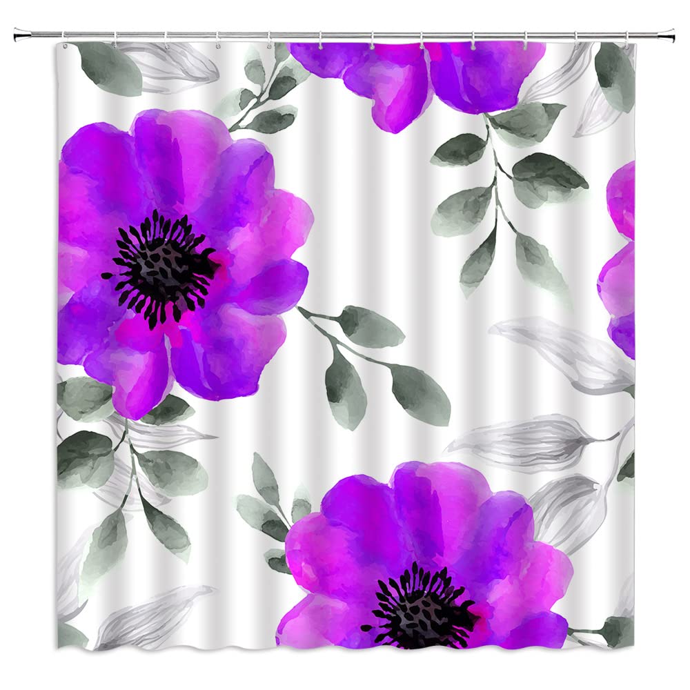Vintage Floral Shower Curtain - Spring Flower Watercolor Design with Grey Leaves, Botanical Nature Theme for Rustic Country Bathroom Decor | Fabric Bath Curtain with Hooks | Perfect for Farmhouse, Cottage & Boho Style Bathrooms