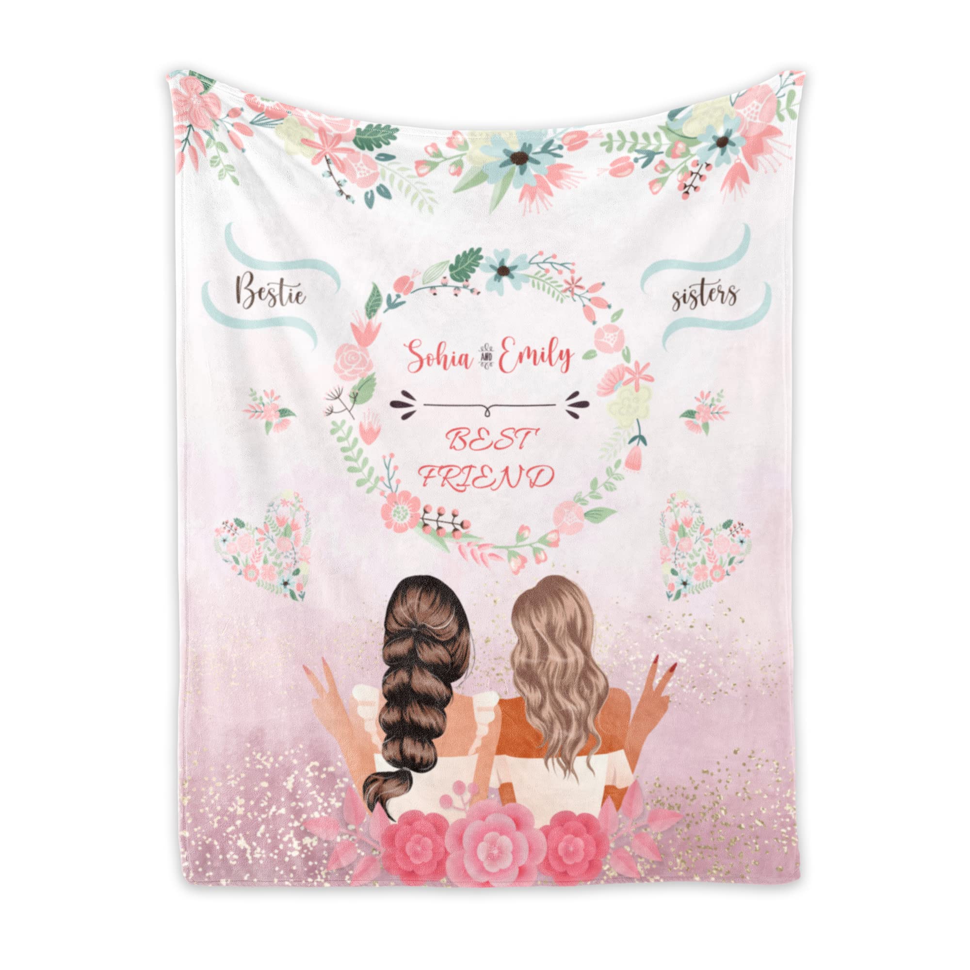 Personalized Best Friend Blanket with Names & Hairstyles - Custom Throw Blanket for Women, BFF Gifts for Birthday, Friendship Day & Soul Sister - Cozy Gift for Movie Nights, Sleepovers & Couple Cuddles