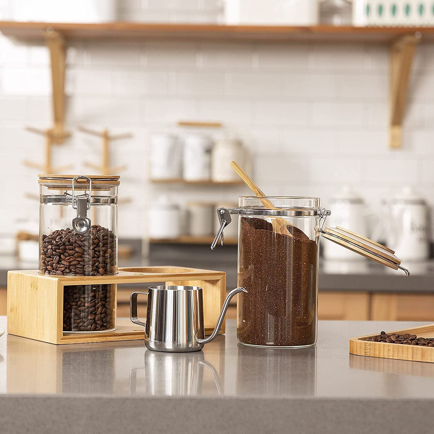 Yangbaga 45OZ Glass Coffee Canister Set of 2 - Airtight Ground Coffee Storage Containers with Scoop for Kitchen, Coffee Bar & Pantry Organization - Perfect for Coffee Station Decor & Food Storage