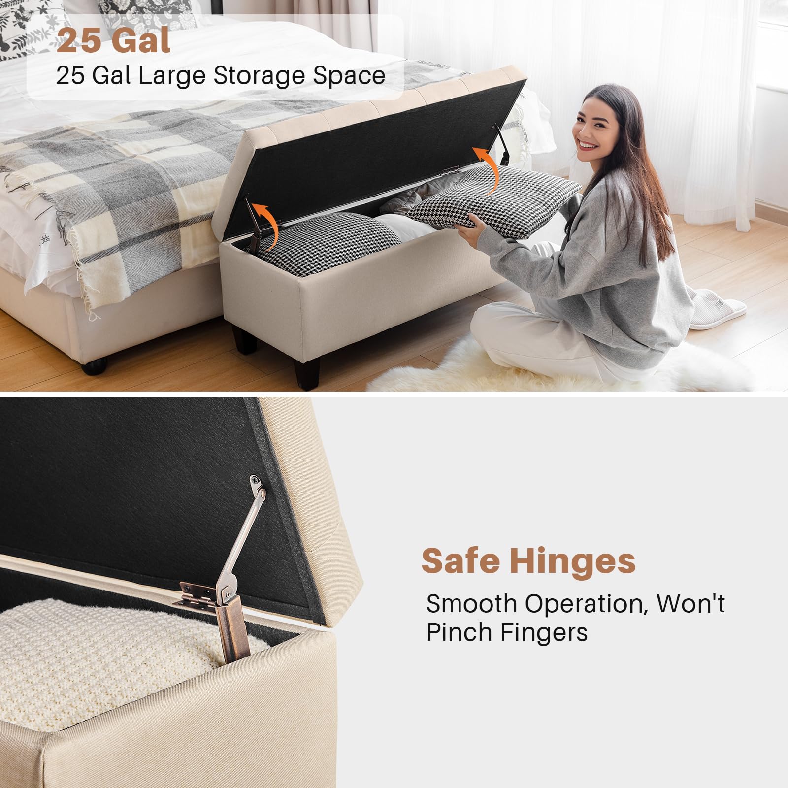 Redlife Storage Ottoman Bench with Solid Wood Legs & Safety Hinge - 330 LBS Capacity, Button Tufted Fabric Upholstered Chest - Multi-Functional Footrest, Seat & Hidden Storage for Bedroom, Living Room, Entryway (Beige) | Perfect for Small Space Organization & Extra Seating