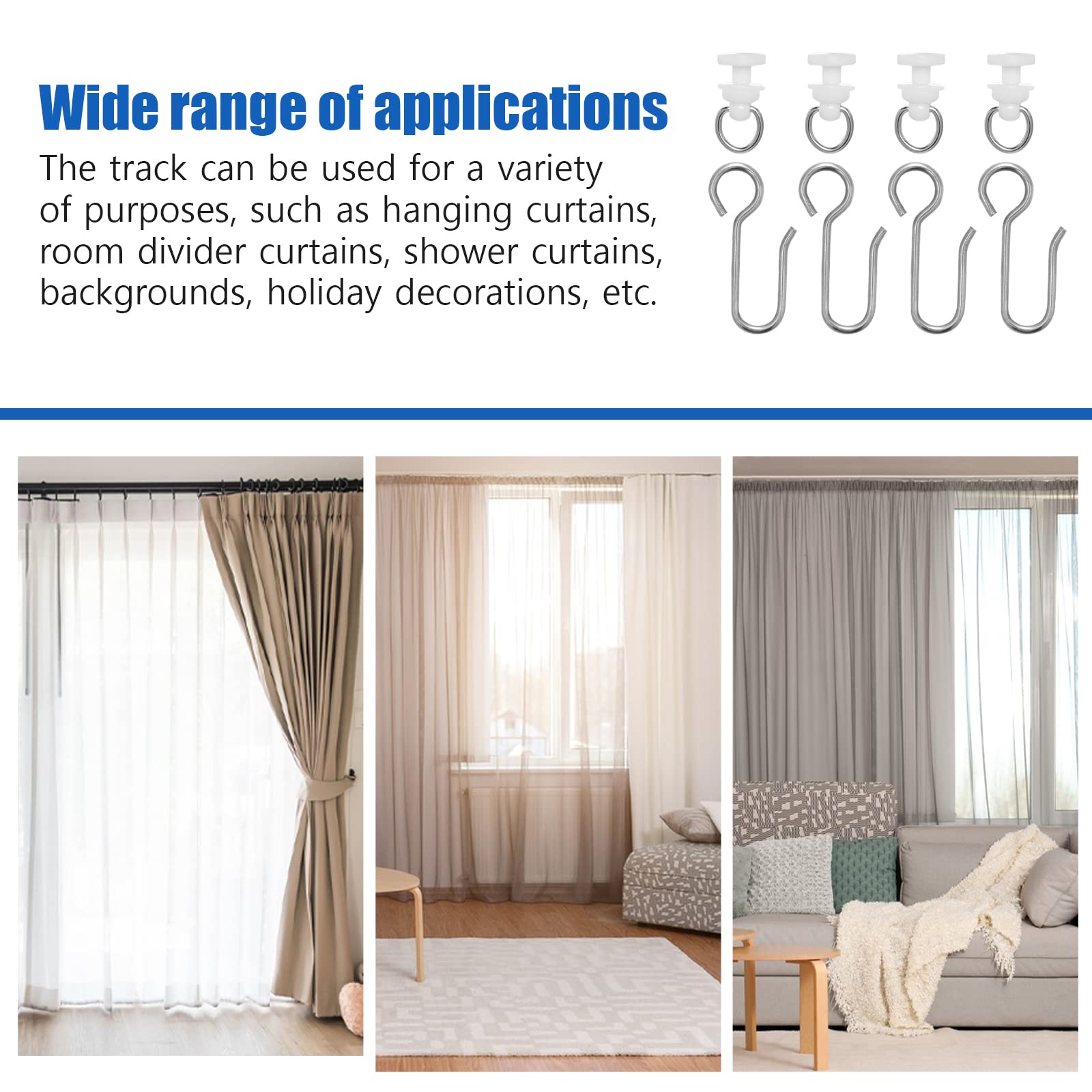 80 Pcs S-Shaped Metal Curtain Hooks with Plastic Gliders - Heavy Duty Ceiling Track Rollers for Drapes, Sheer Curtains & Room Dividers - Perfect for Home, Office & Hotel Decor