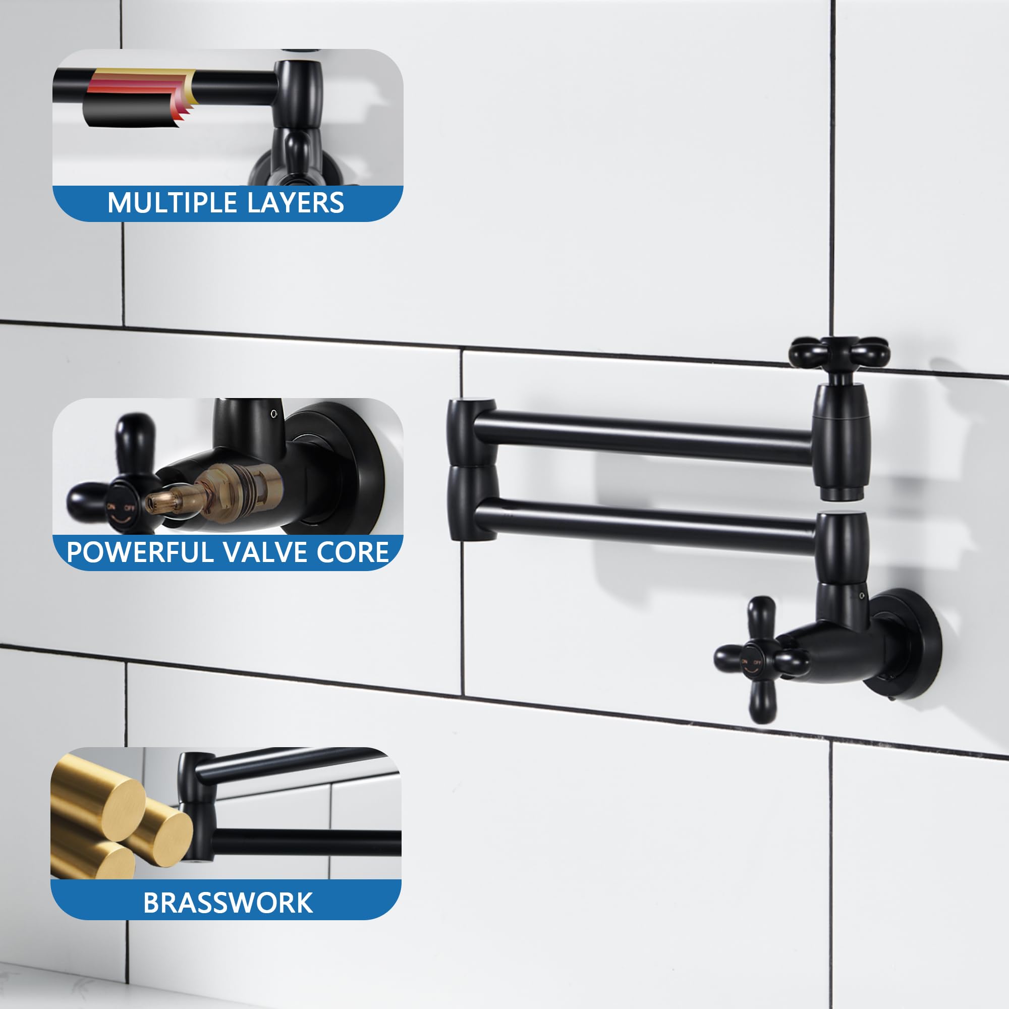 Matte Black Wall Mount Pot Filler Faucet - Brass Swing Arm with Double Joint & Extendable Design - Single Hole Installation - 2 Cross Handles for Kitchen & Stove - Perfect for Filling Large Pots While Cooking (Model P82MB)
