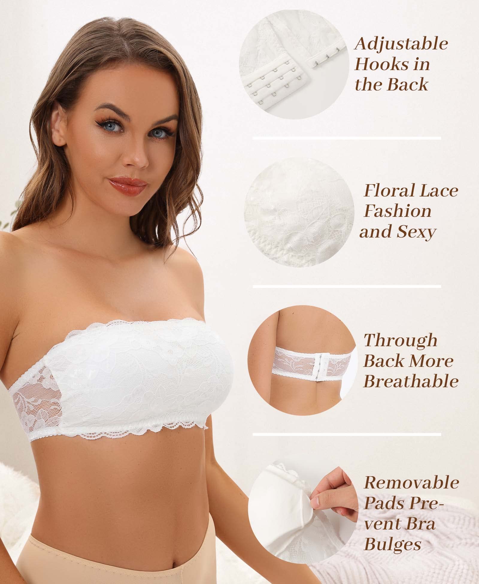 Wireless Lace Bandeau Bra for Women - Strapless Padded Bralette Push Up Tube Top - Perfect for Summer Dresses, Beachwear & Layering Under Sheer Tops