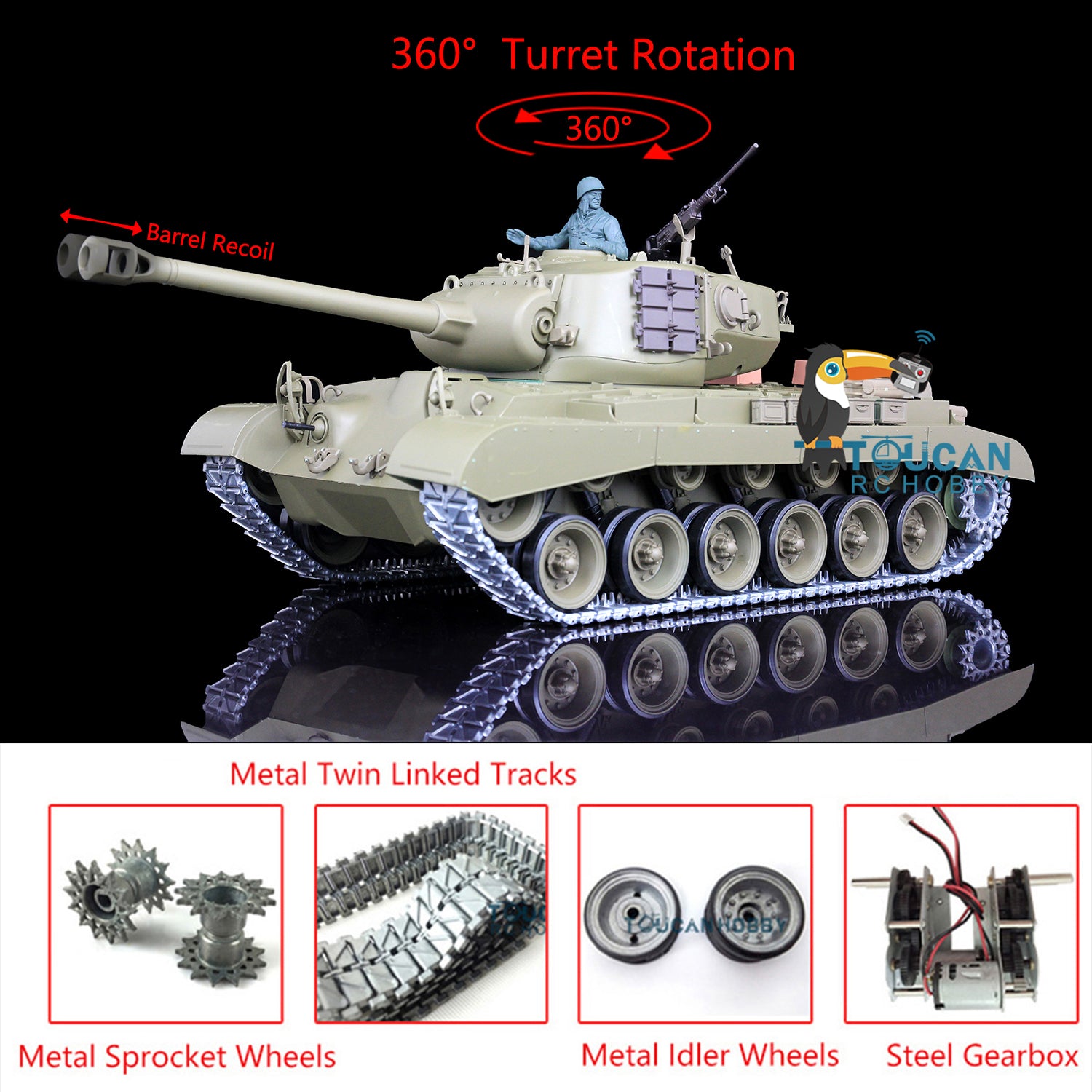 Henglong 1/16 Scale 7.0 Upgraded RC Tank Model - M26 Pershing with Barrel Recoil, 360° Rotating Turret & Metal Tracks | Double Rubber Pads, Smoke Effect | Realistic Military Vehicle for Collectors & Battle Simulation