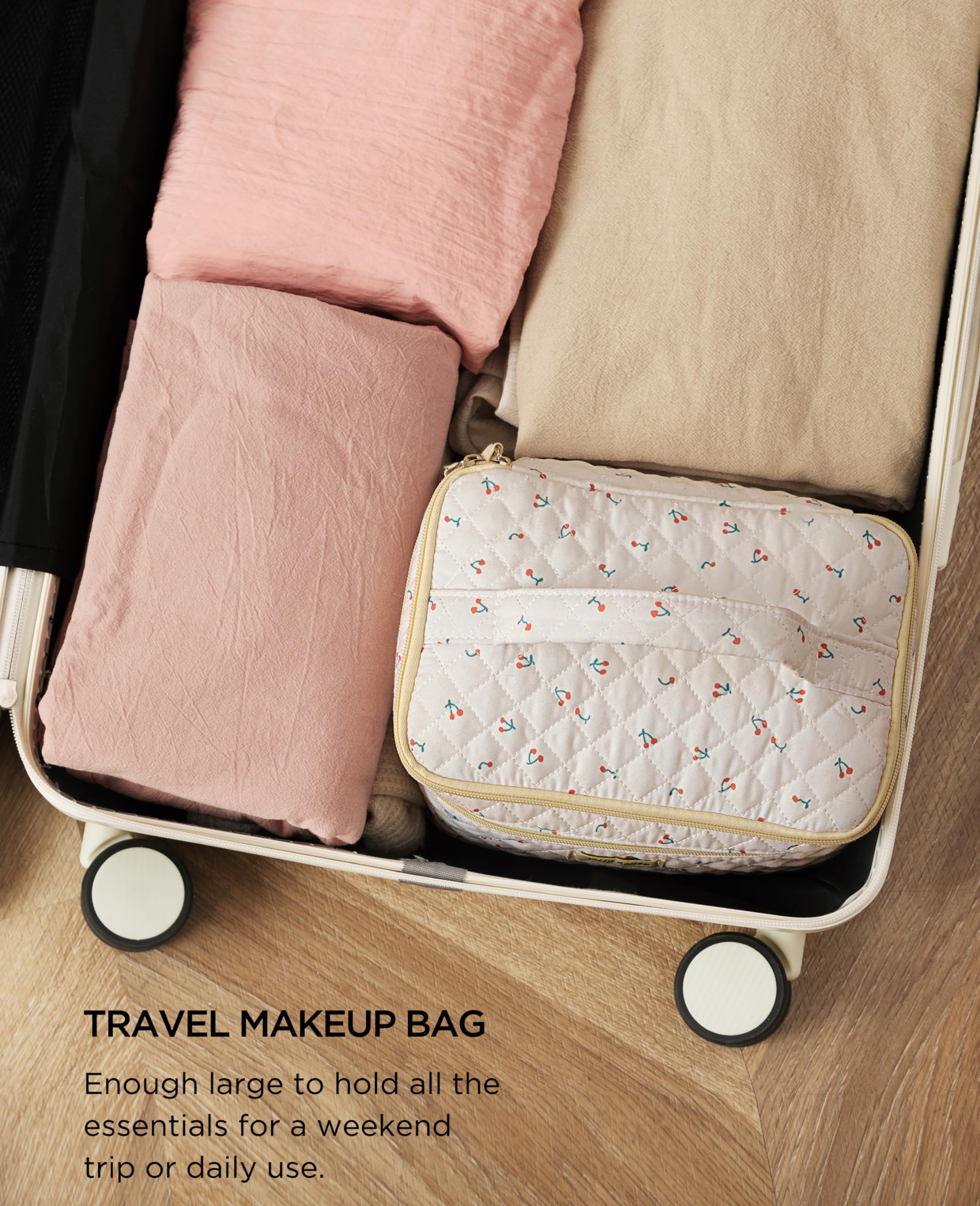 HBselect 2Pcs Double Layer Travel Makeup Bag for Women - Cotton Quilted Cosmetic Organizer with Cherry Print, Large Aesthetic Toiletry Bag for Girls - Perfect for Vacation, Gym & Daily Beauty Essentials Storage