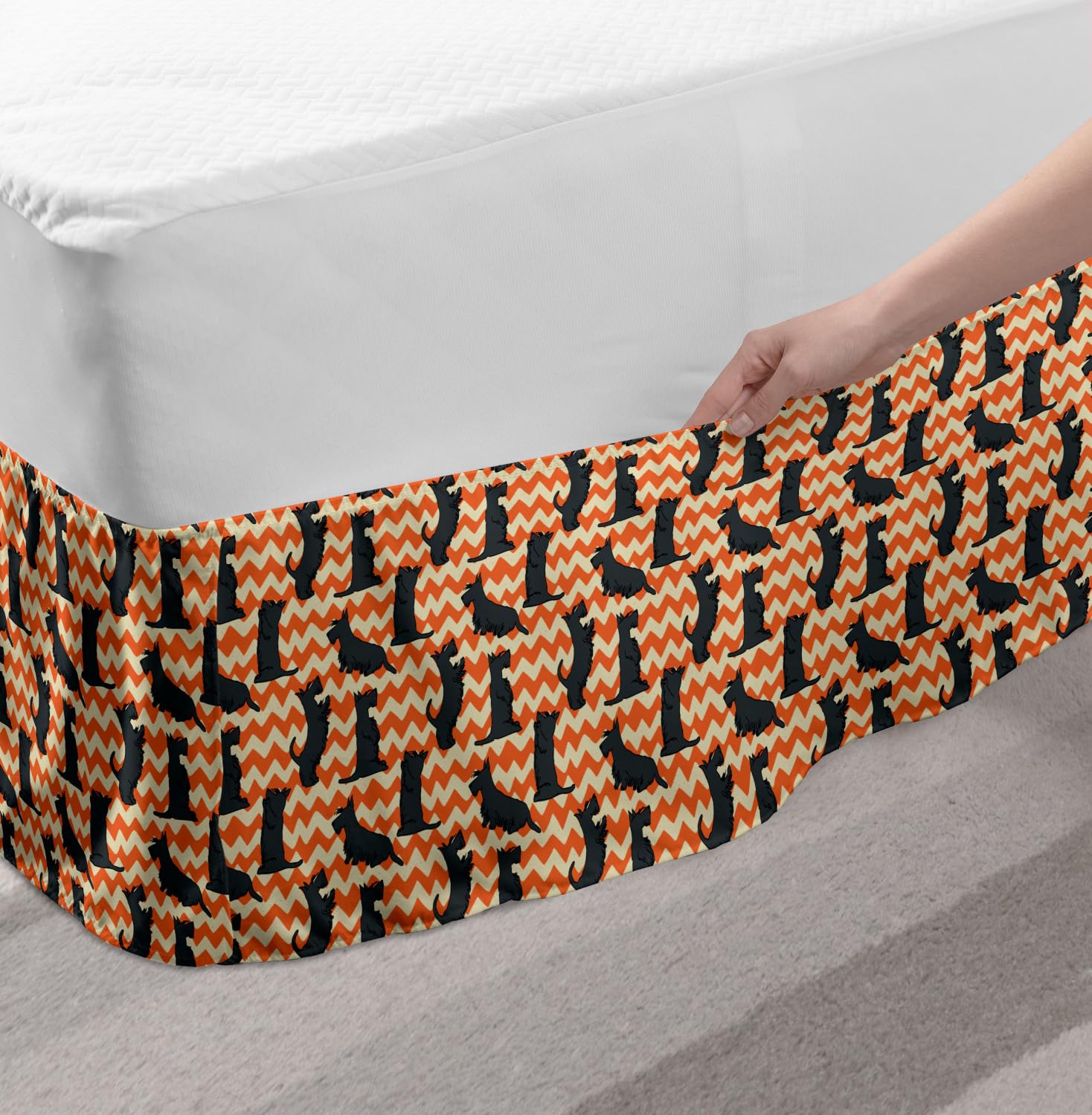 Ambesonne Scottie Dog Bed Skirt - Sketch Puppy Pattern on Chevron Zigzag Design, Elastic Wrap Around Dust Ruffle for Queen Size Beds, Dark Orange & Cream | Perfect for Pet Lovers' Bedroom Decor & Cozy Home Styling