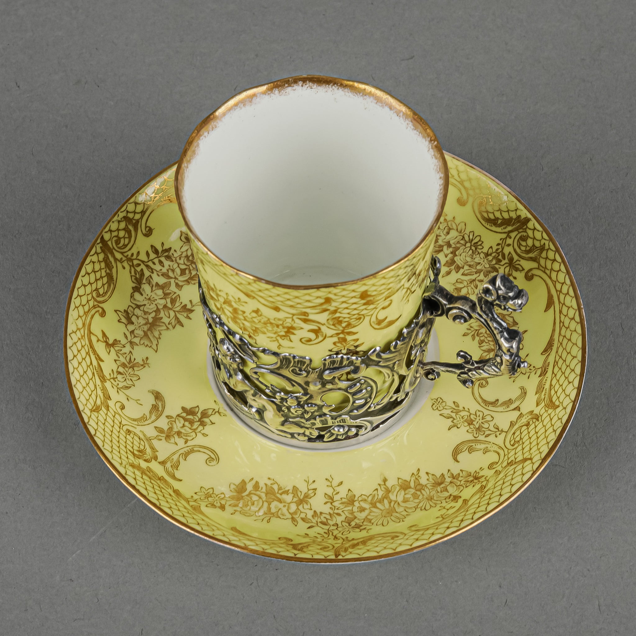 Antique Staffordshire Crown & WM Commyns & Sons Eggshell Tea Cup & Saucer Set with Sterling Silver Holder - Vintage English China for Afternoon Tea & Collectible Display