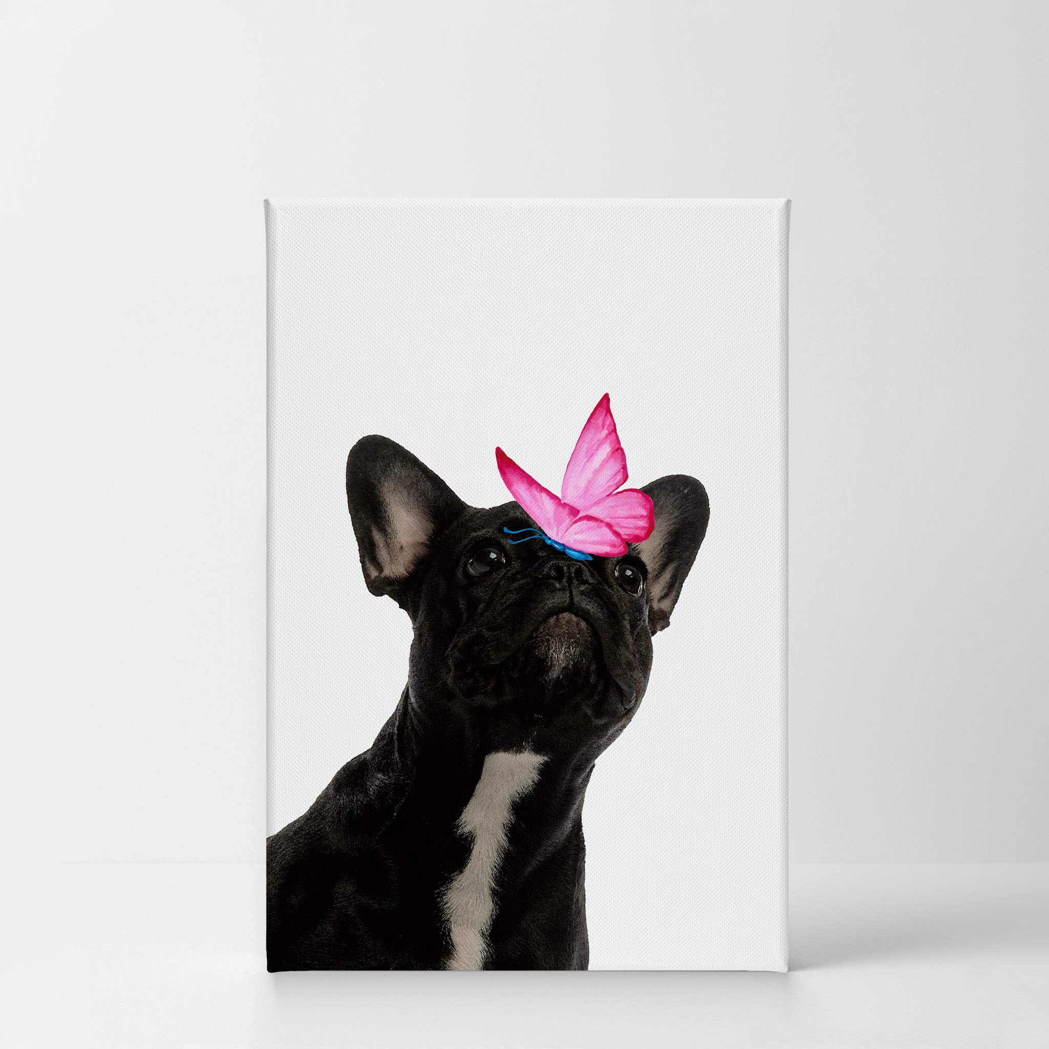French Bulldog Portrait with Pink Butterfly - Animal Canvas Wall Art Print for Pet Lovers, Dog Owners & Home Decor - Perfect Gift for Mom, Dad & Kids - Ready to Hang 36x24 - Ideal for Living Room, Bedroom & Nursery Decor