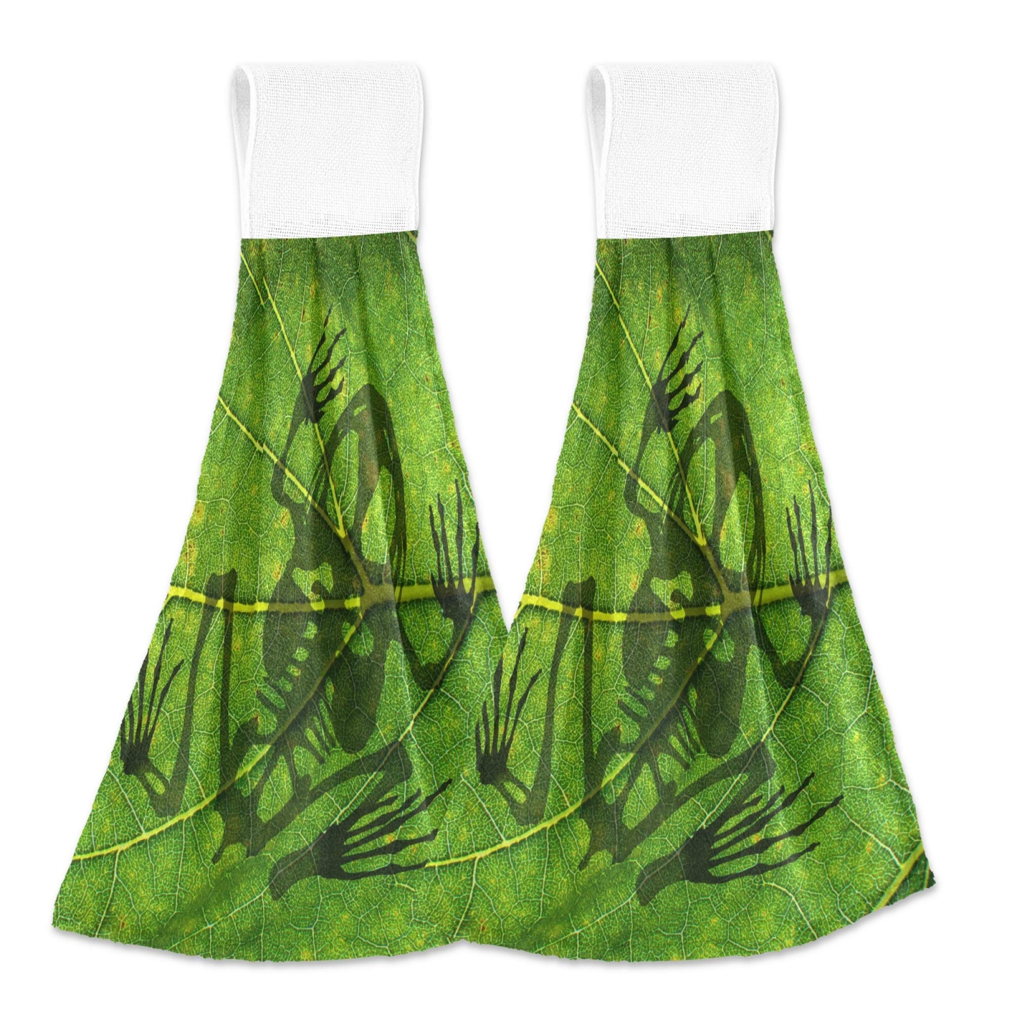 YYZZH Frog Skeleton on Green Leaf Kitchen Towels - Set of 2 Absorbent Hand Towels with Hook & Loop for Bathroom, Kitchen - Eco-Friendly Hanging Tie Towels for Home Decor & Dish Drying