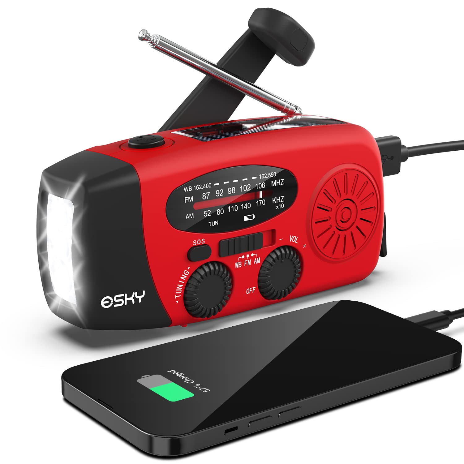 Esky Emergency Hand Crank Radio 7400mWh - AM/FM/NOAA Weather Radio with 3 LED Flashlight, Solar Power & USB Phone Charger - Portable Power Bank for Survival, Camping, Hiking & Emergency SOS Alarm