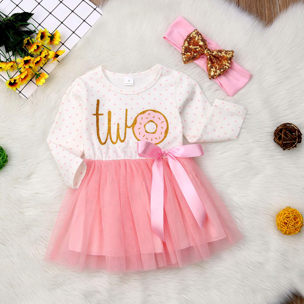 Newborn Baby Girls Pink Striped Tutu Dress & Headband 2Pcs Set - First Birthday Outfit, Casual Donut Print Skirt & Headband for Photoshoot, Party & Daily Wear