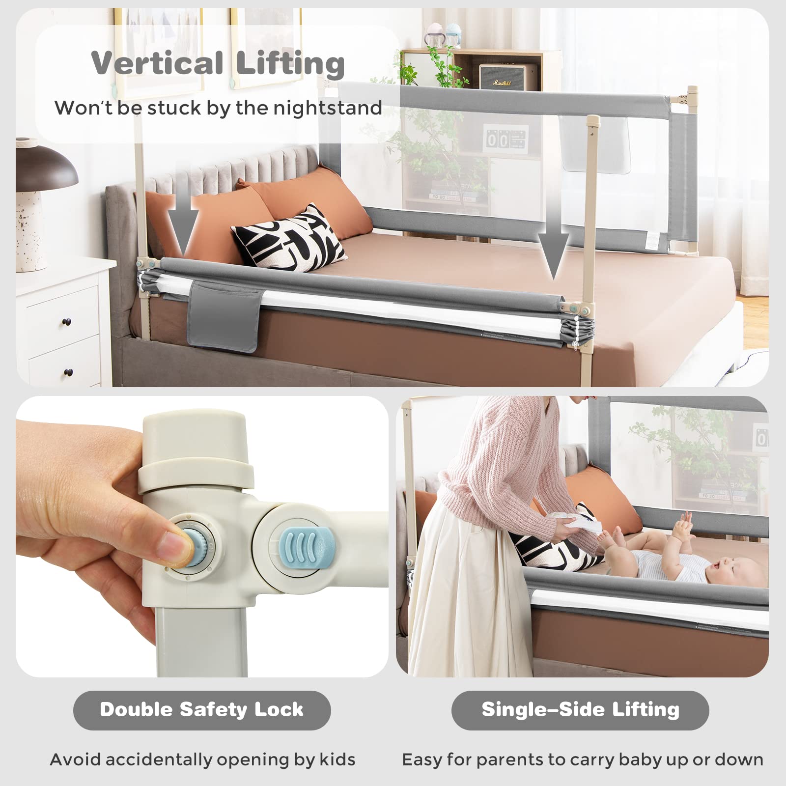 HONEY JOY 57-inch Extra Long Toddler Bed Rail - Portable Safety Guardrail with Side Pocket for Baby & Kids - Fits King, Queen, Full & Twin Size Mattresses (Gray) - Perfect for Travel, Home & Daycare Use