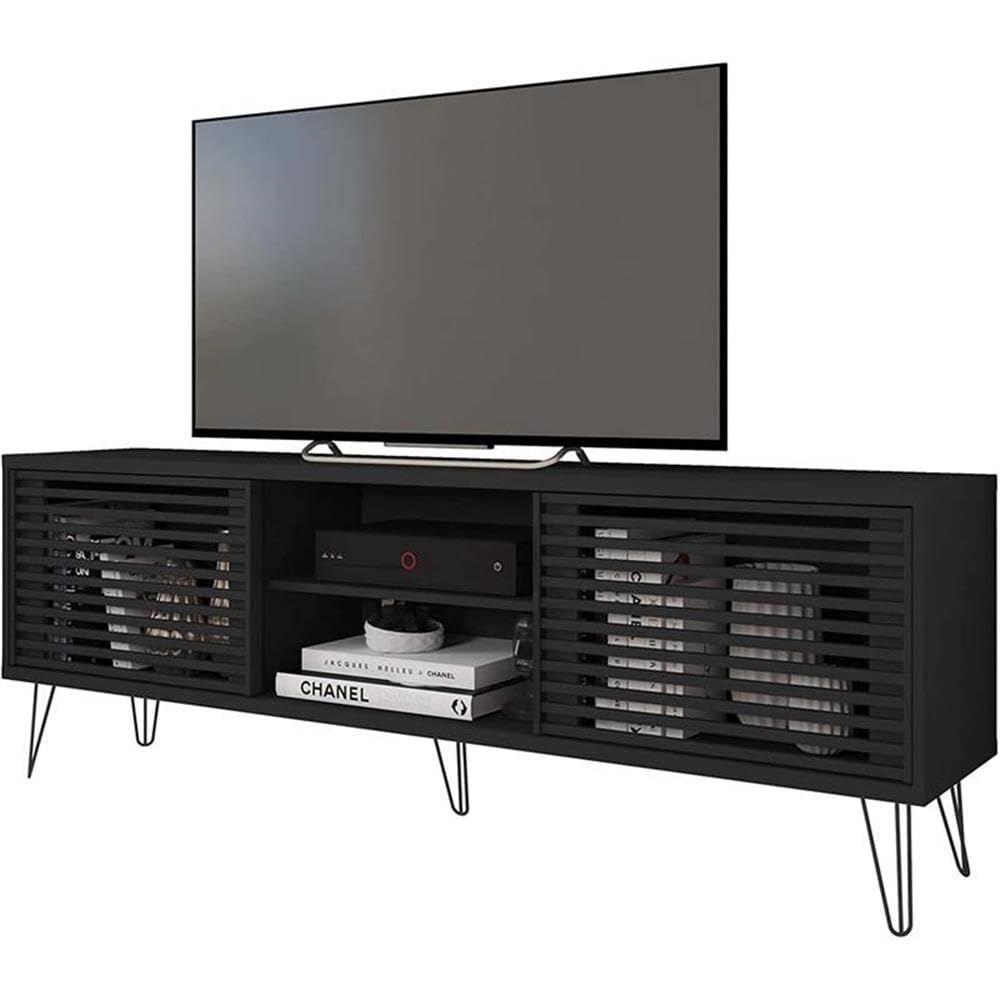 Better Home Products Black Mid-Century Modern TV Stand for 70 Inch Flat Screen - Perfect for Living Room, Home Theater & Entertainment Center Setup