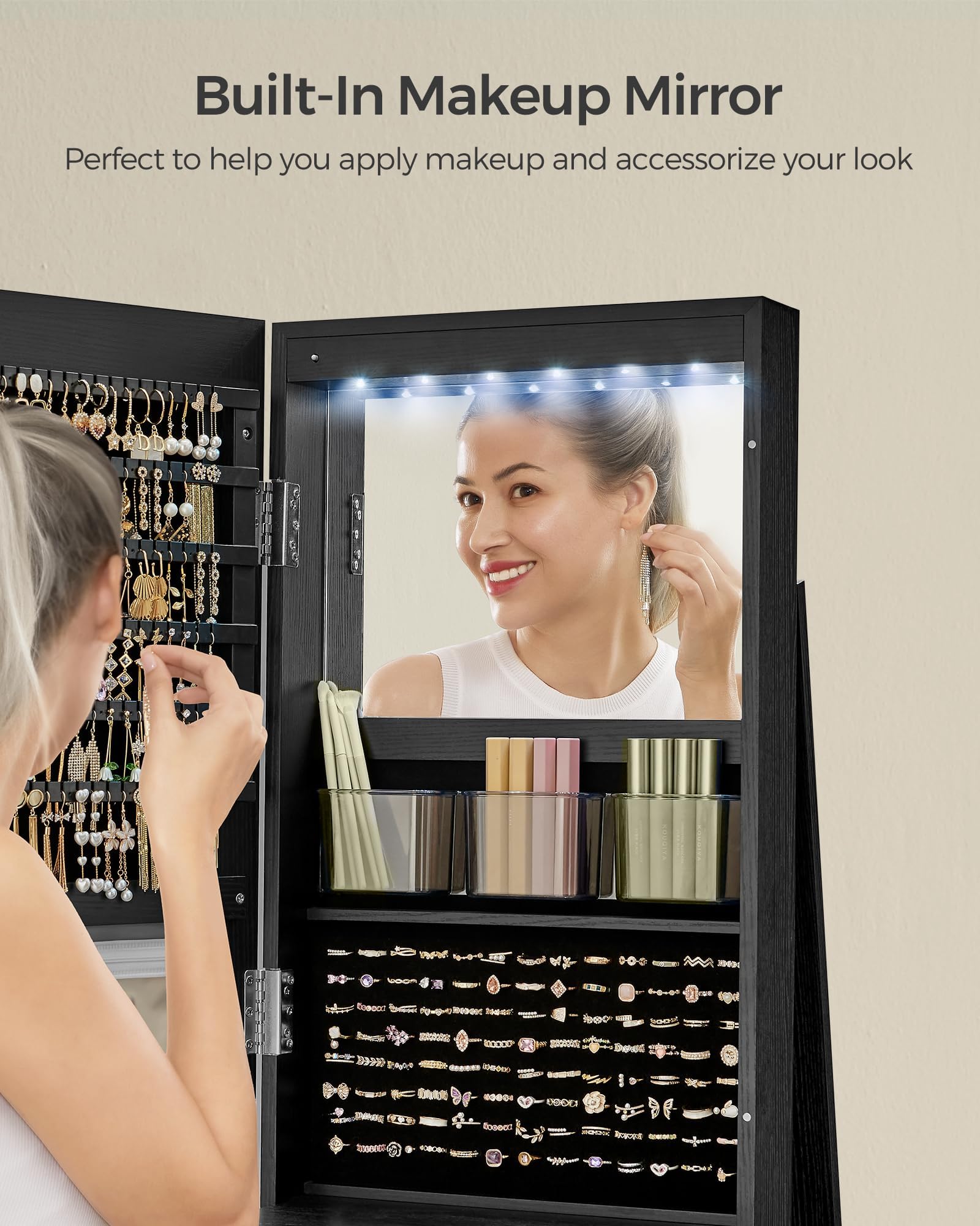SONGMICS 6-LED Lockable Jewelry Cabinet with Full-Length Mirror - 360° Swivel Jewelry Organizer with 3 Storage Shelves, Black Finish - Perfect for Bedroom, Walk-in Closet & Dressing Room Organization