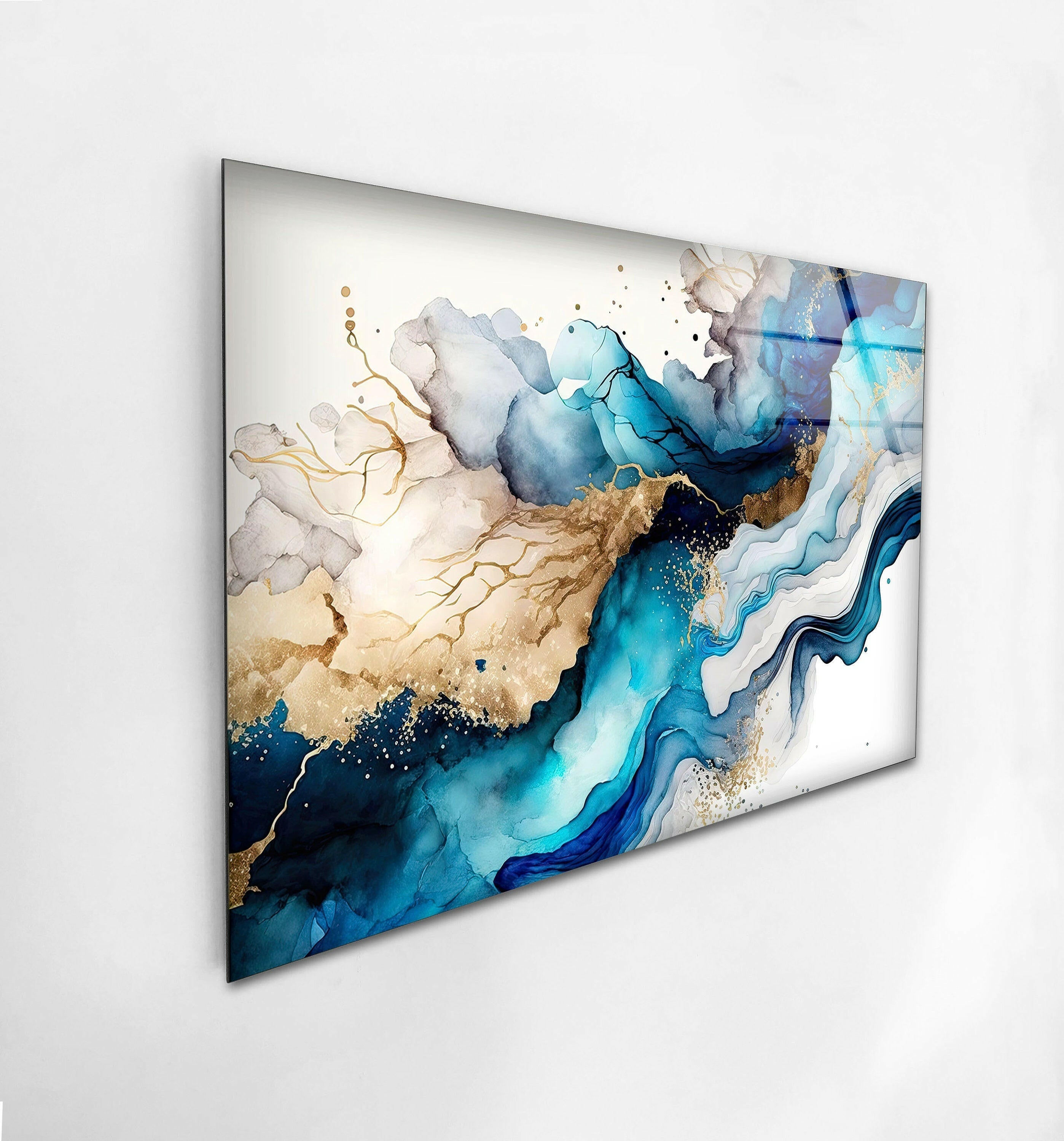 Blue and Gold Fluid Abstract Glass Wall Art - Modern Handmade Home Decor for Living Room, Bedroom, Office | Unique Gift Idea for Housewarming, Wedding