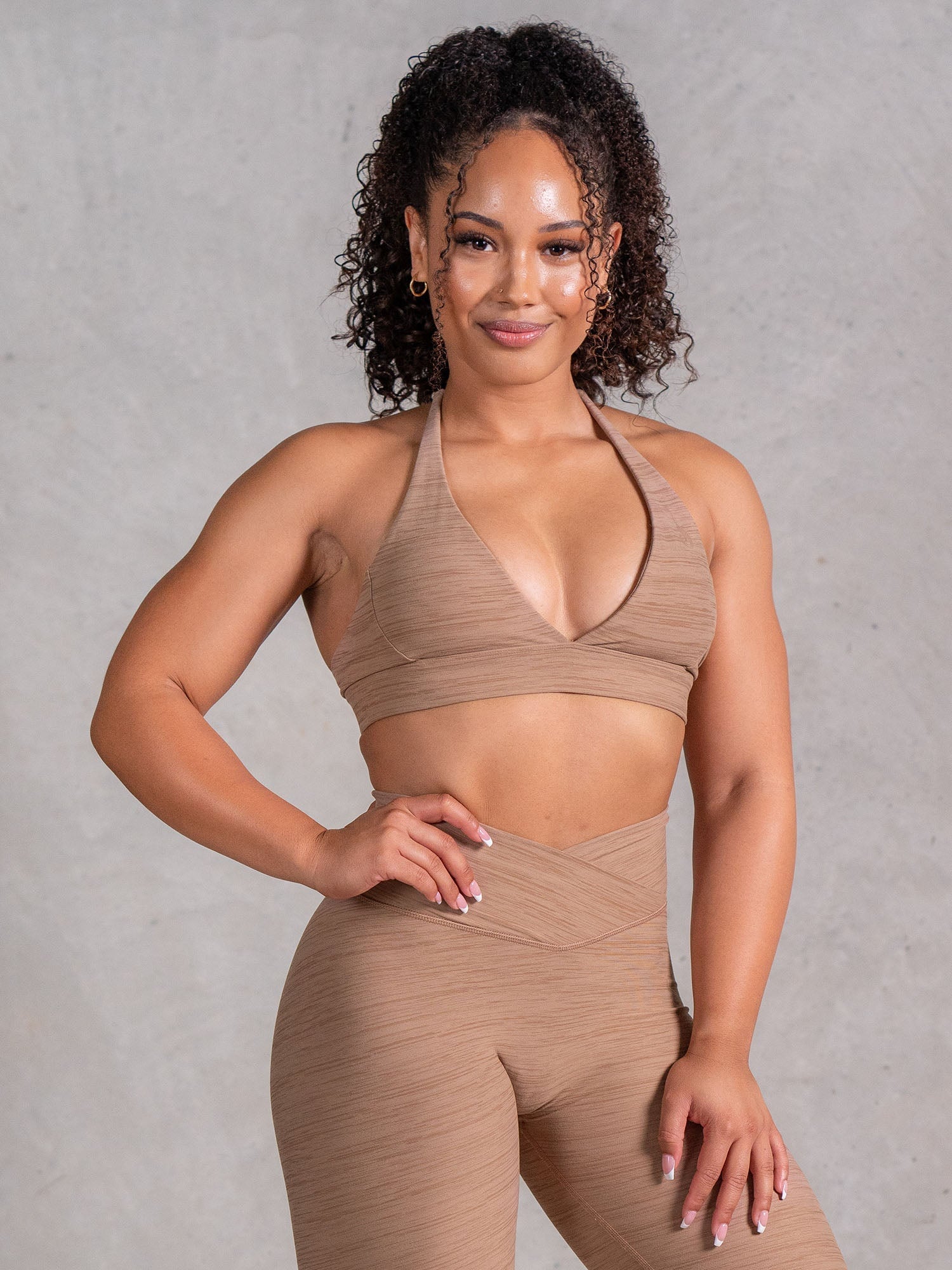 Icon V Neck Sports Bra for Women - High Support, Moisture Wicking, Comfortable Workout Top - Mocha Marl Color - Perfect for Yoga, Running & Gym