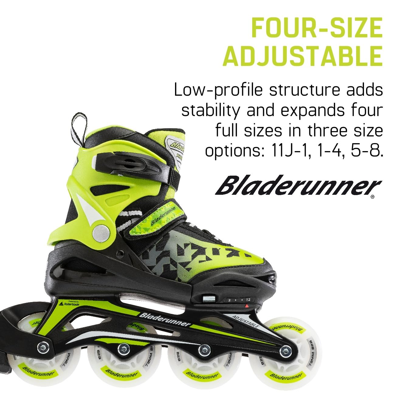 Rollerblade Phoenix Flash Adjustable Kids Inline Skates - Bladerunner Series for Fitness & Recreation | Black/Green | Perfect for Outdoor Sports & Family Fun