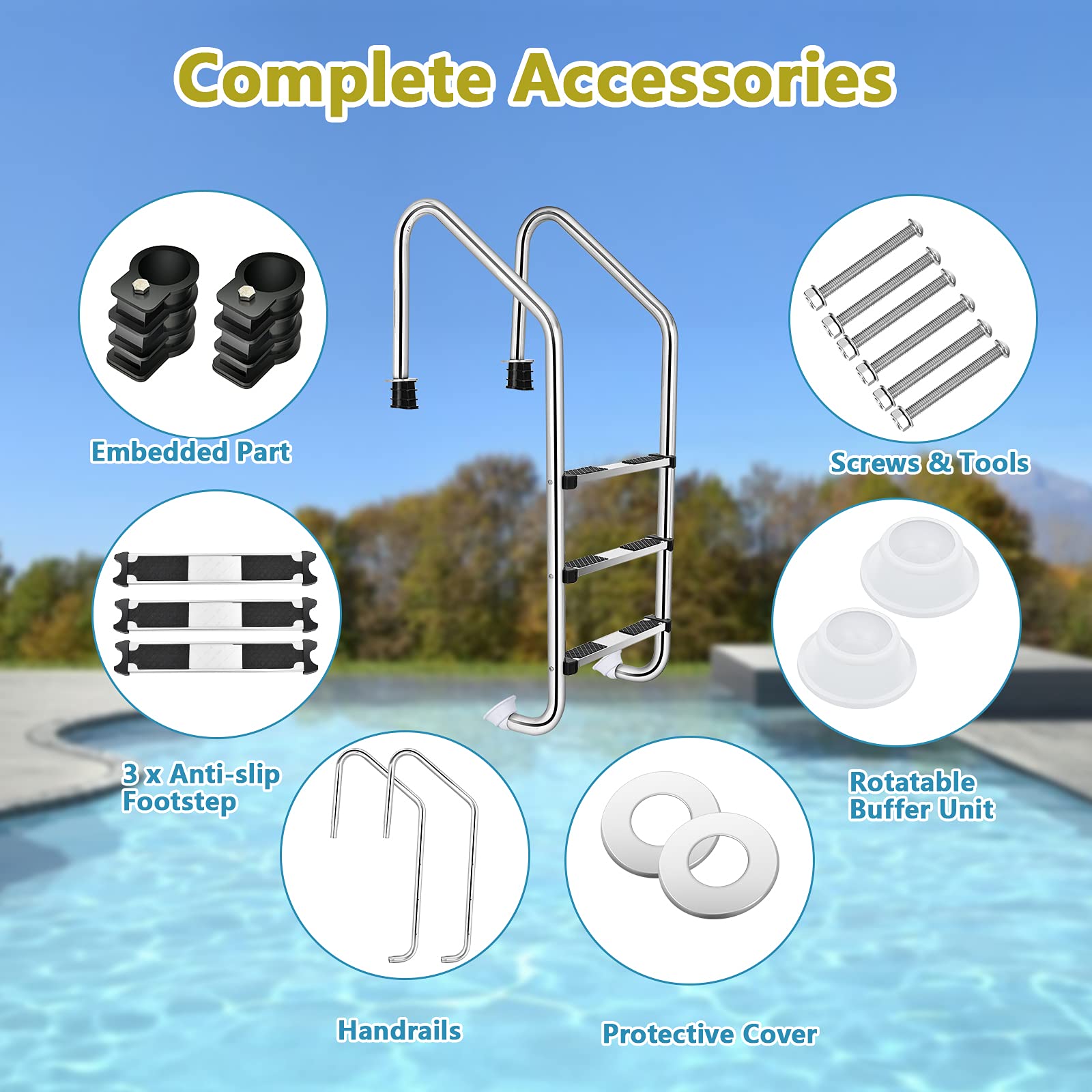 Goplus 3-Step Stainless Steel Swimming Pool Ladder for In-Ground Pools | Heavy Duty Non-Slip Design | Easy Assembly | Indoor & Outdoor Use | Perfect for Backyard, Community, and Resort Pools