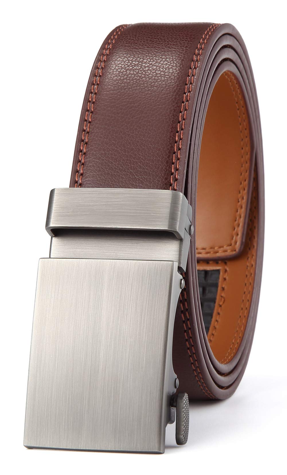Lingli Men's Ratchet Dress Belt with Automatic Buckle - Adjustable 35mm Wide Genuine Leather Belt for Business & Casual Wear - Brown/Black Trim - Perfect for Office, Wedding & Daily Outfits