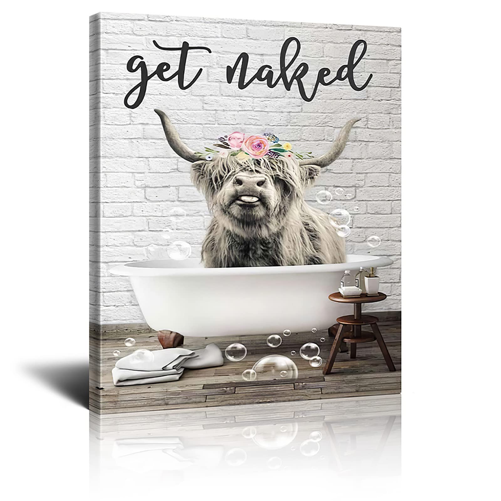 Highland Cow Bathroom Wall Art - Colorful Flower & Get Naked Canvas Print - Vintage Country Framed Decor (12x16 Inch) Ready to Hang - Perfect for Farmhouse, Rustic Bathroom & Country Home Decor