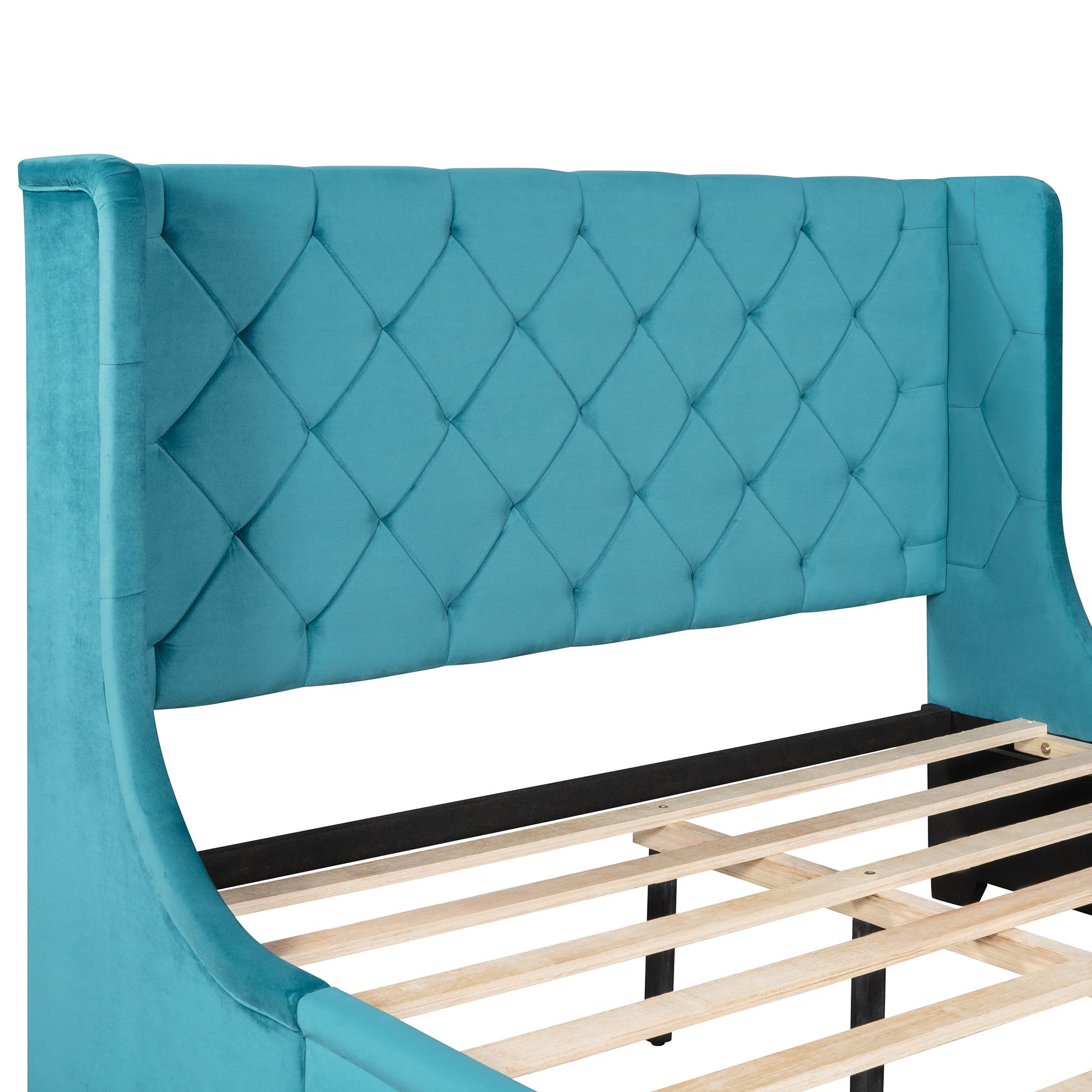 Bellemave Queen Size Bed Frame with Storage Drawers - Velvet Upholstered Platform Bed with Button Tufted Wingback Headboard in Blue | Perfect for Small Bedrooms, Guest Rooms & Modern Apartments
