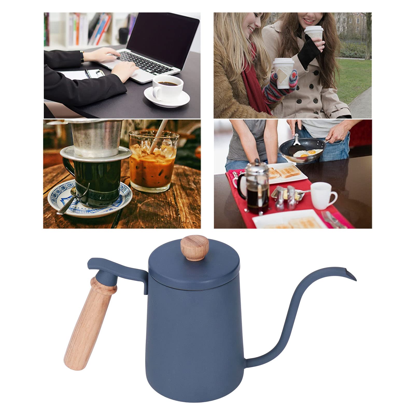 Premium 600ml Stainless Steel Gooseneck Pour Over Coffee Kettle with Wooden Handle & Vent Hole - Perfect for Pour Over Coffee, Tea Brewing, and Precise Water Control (Blue)