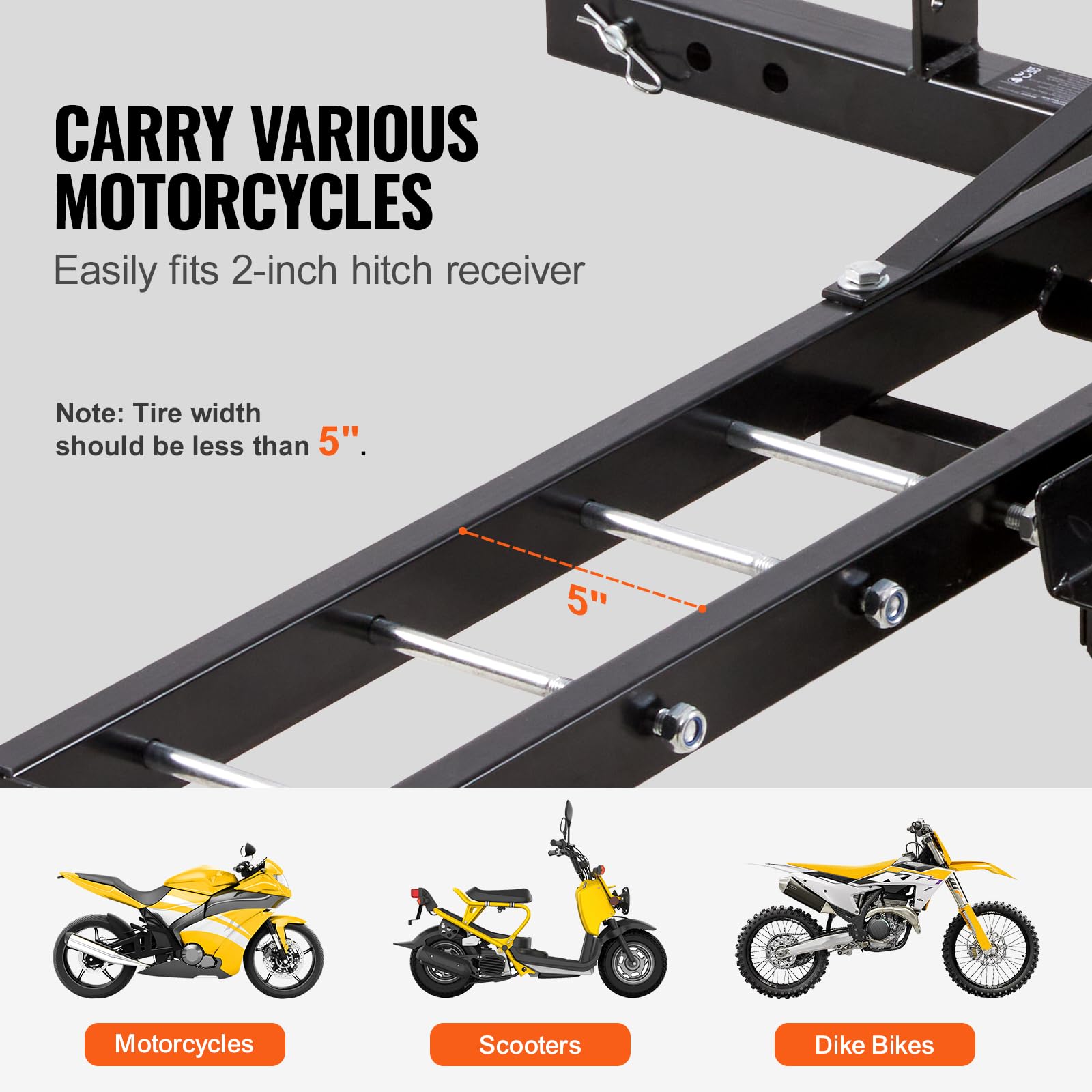 VEVOR 600 LBS Motorcycle Carrier Hitch Mount - Heavy Duty Steel Dirt Bike Trailer Hauler with 47