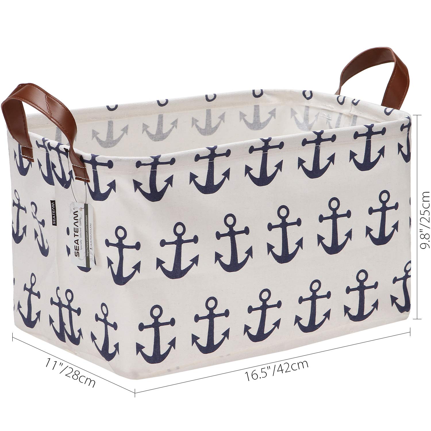 Sea Team Large Collapsible Canvas Storage Bin - 16.5 x 11.8 Inch Nautical Anchor Pattern Shelf Basket - Navy Blue Toy Organizer for Kids Room, Nursery, or Playroom Storage