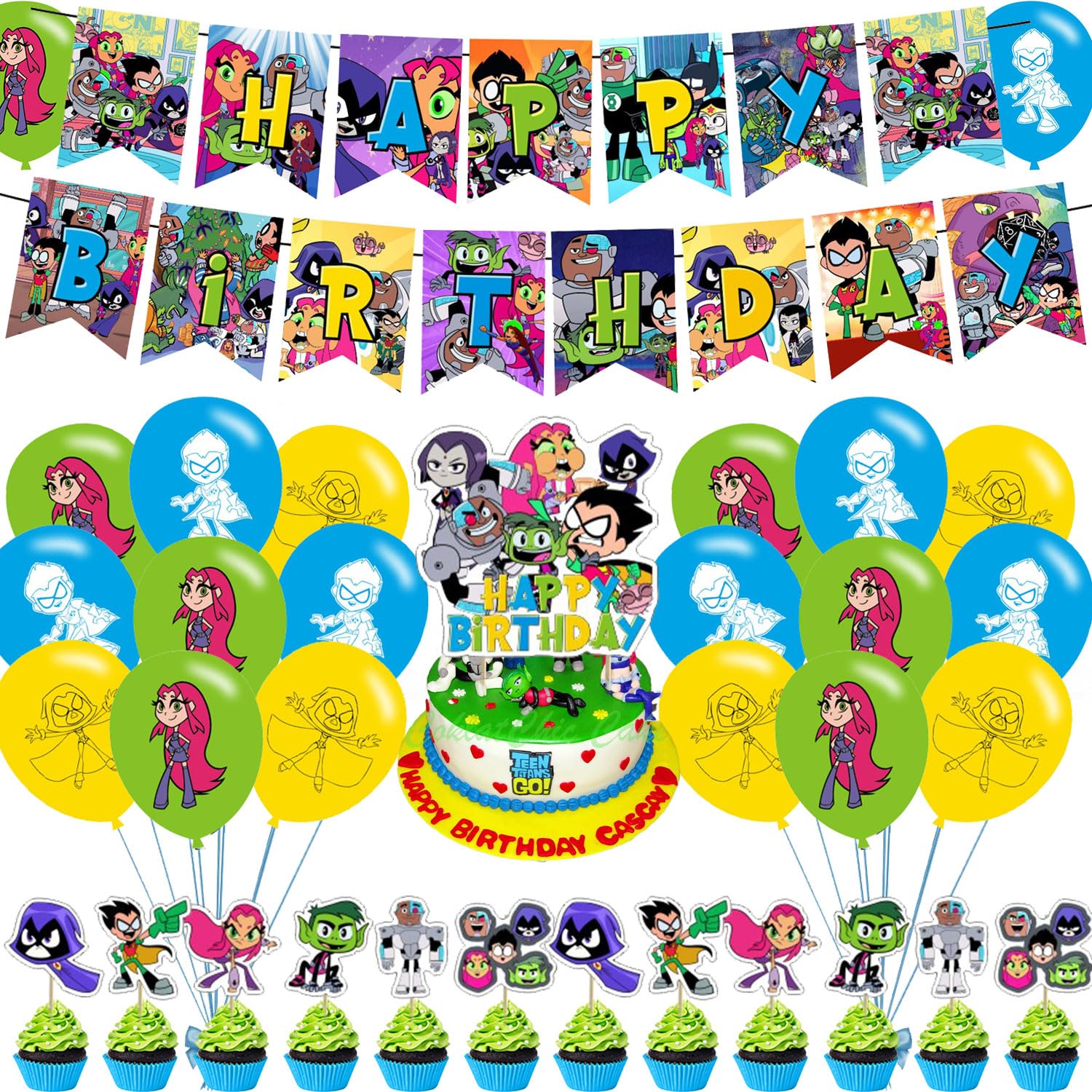 Teen Titans Theme Party Supplies - Cartoon Birthday Decorations Kit with Banner, Cake Toppers, Backdrop, Balloons for Kids, Teen Superhero Costume Party Decor