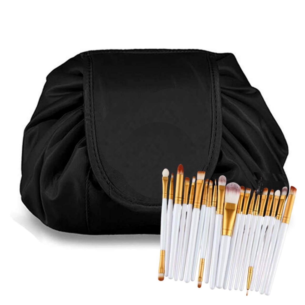 GLAMZA 'Lazy' Drawstring Makeup Bag - Convertible Flat to Structured Travel Cosmetic Pouch with 20pc Brush Set | Perfect for Women's Makeup Storage & Travel Organizer | Great for Daily Use, Gym, Vacation & On-the-Go Beauty Essentials