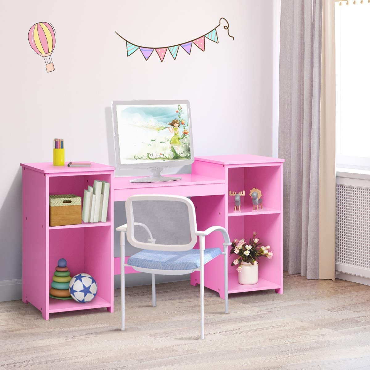 MAT EXPERT Kids Vanity Table Set with Tri-Folding Mirror - Wooden Princess Dresser with 4 Storage Shelves & Detachable Plastic Mirror - Pretend Play Makeup Dressing Table for Girls (Pink) - Perfect for Bedroom Decor, Birthday Gifts & Role Play Activities