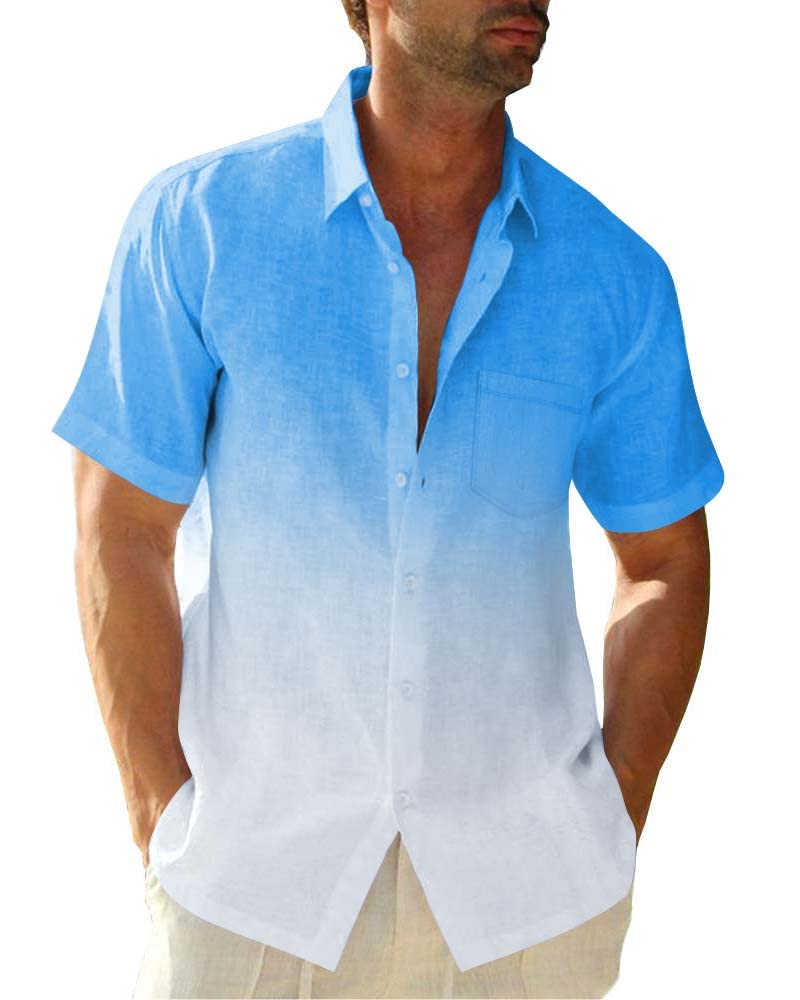 Men's Casual Short Sleeve Linen Shirt - Gradient Color Button Down Shirt for Summer & Beach Wear | Lightweight Breathable Top for Outdoor Activities, Vacations & Relaxation