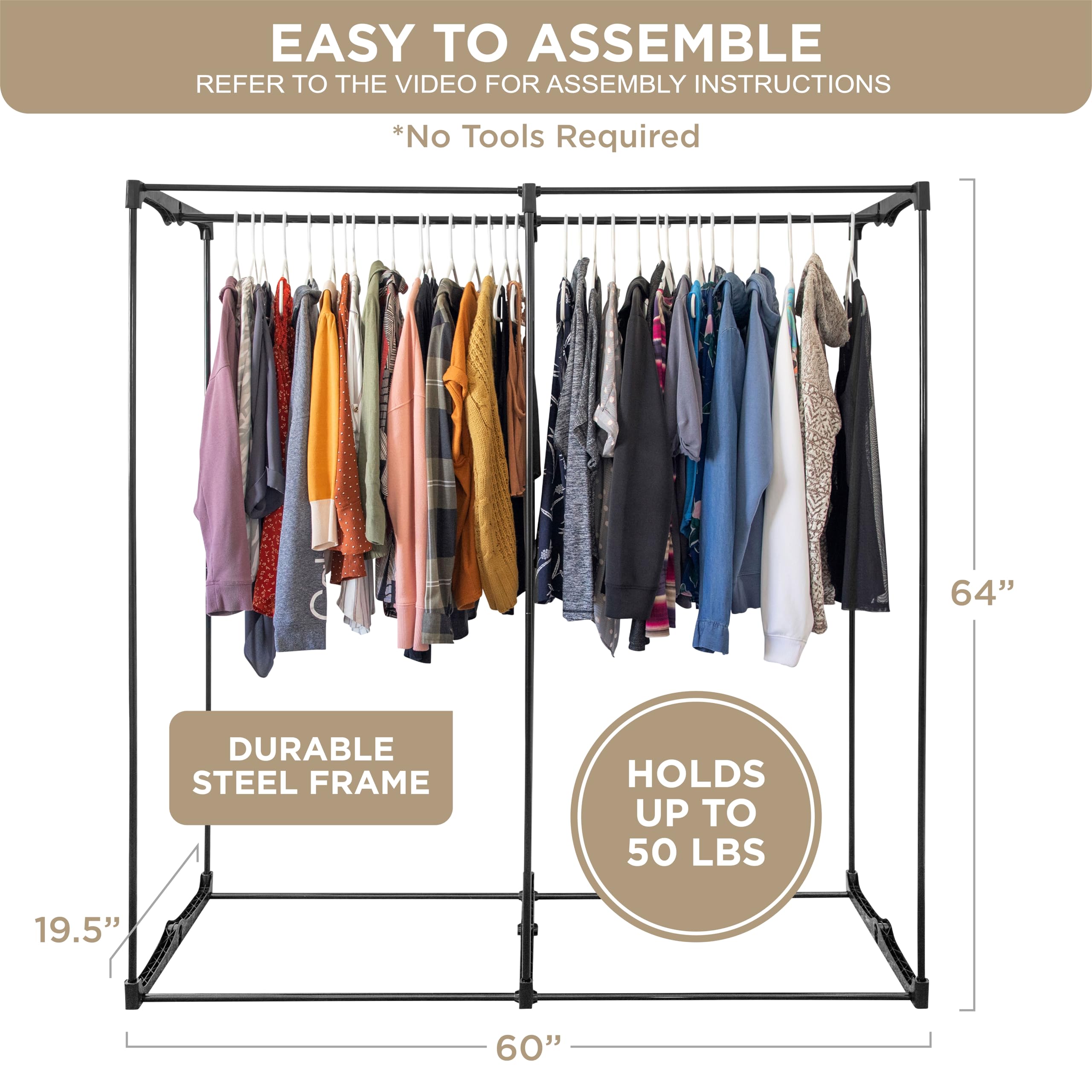 Premium Heavy Duty Portable Wardrobe Closet with Beige Cover - Large Metal Hanging Rod, 50 lb Capacity - Easy No-Tool Assembly for Travel, Camping & Temporary Storage