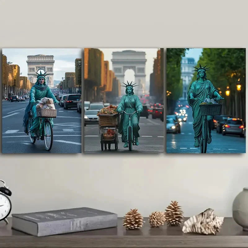 3-Piece Goddess Cycling in the Streets Wall Art Set - Framed Canvas 40x60cm (16x24in) - High Quality Australian-Made Print - Ready to Hang - Perfect for Living Room, Bedroom & Office Decor