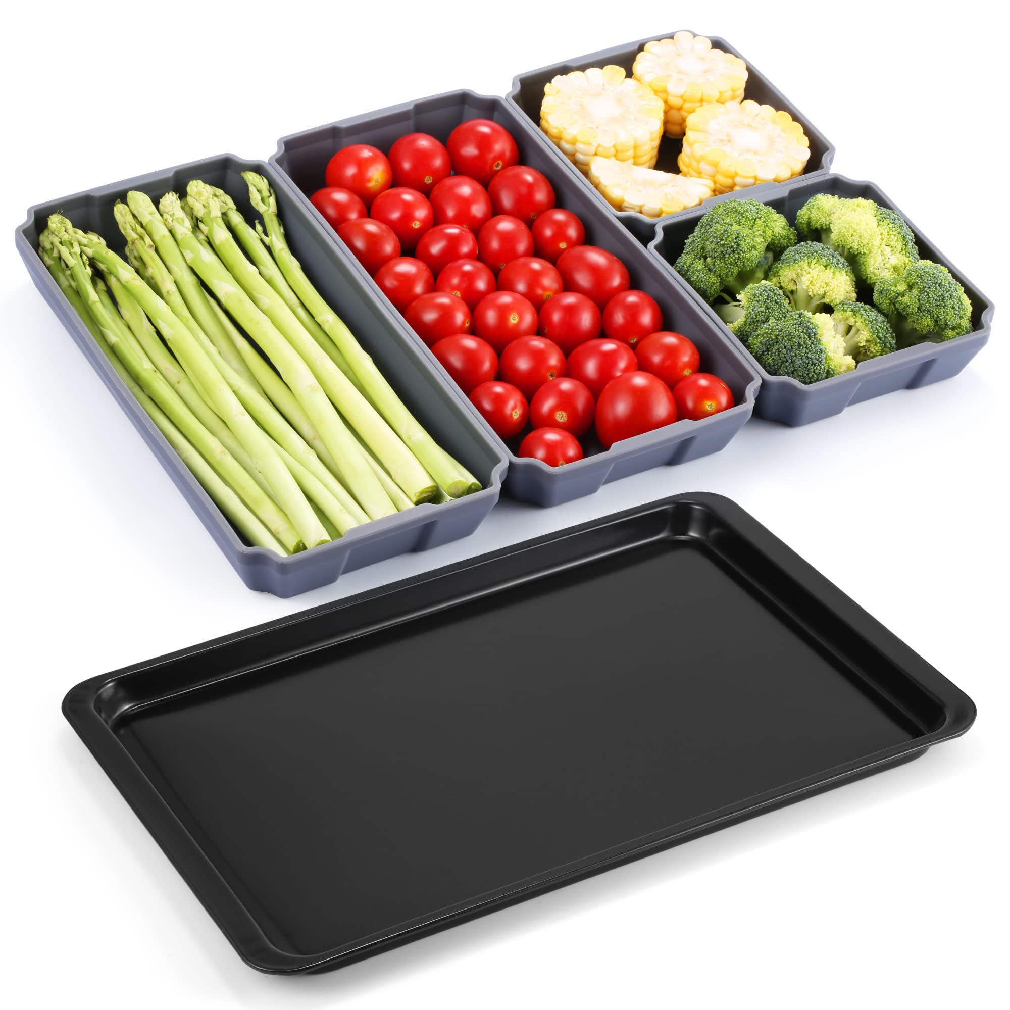 Non-Stick Silicone Baking Sheet Pan Dividers Set - 4 Dividers & 1 Pan for Oven, Air Fryer - Easy to Clean & Reusable for Perfect Meal Prep, Cookies, Roasting Vegetables & More
