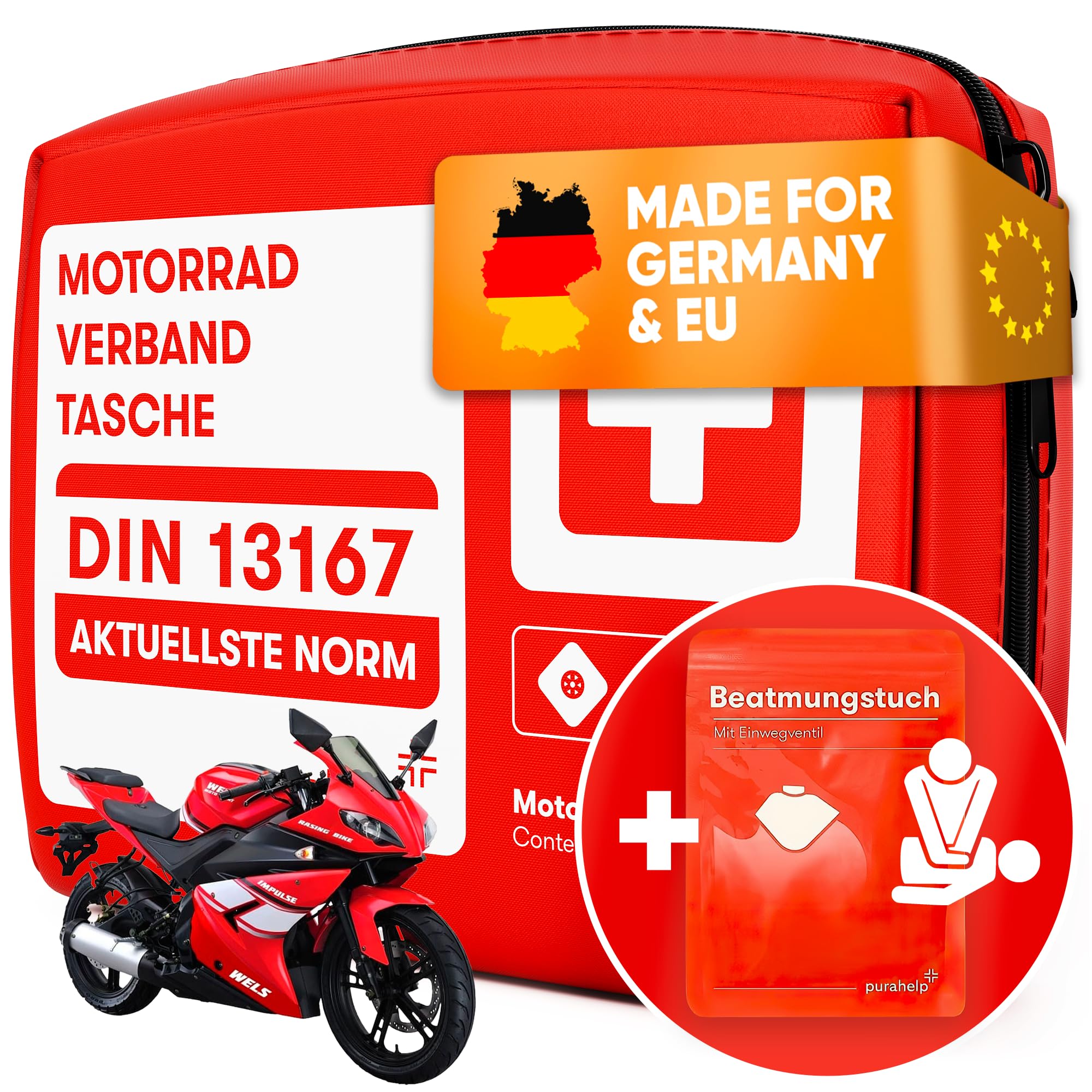 PURAHELP Motorcycle First Aid Kit 2025 - DIN 13167 & StVO Compliant - Includes CPR Face Shield - Compact Mini Emergency Kit for Motorcycle Riders - Perfect for Road Trips, Touring & Adventure Riding