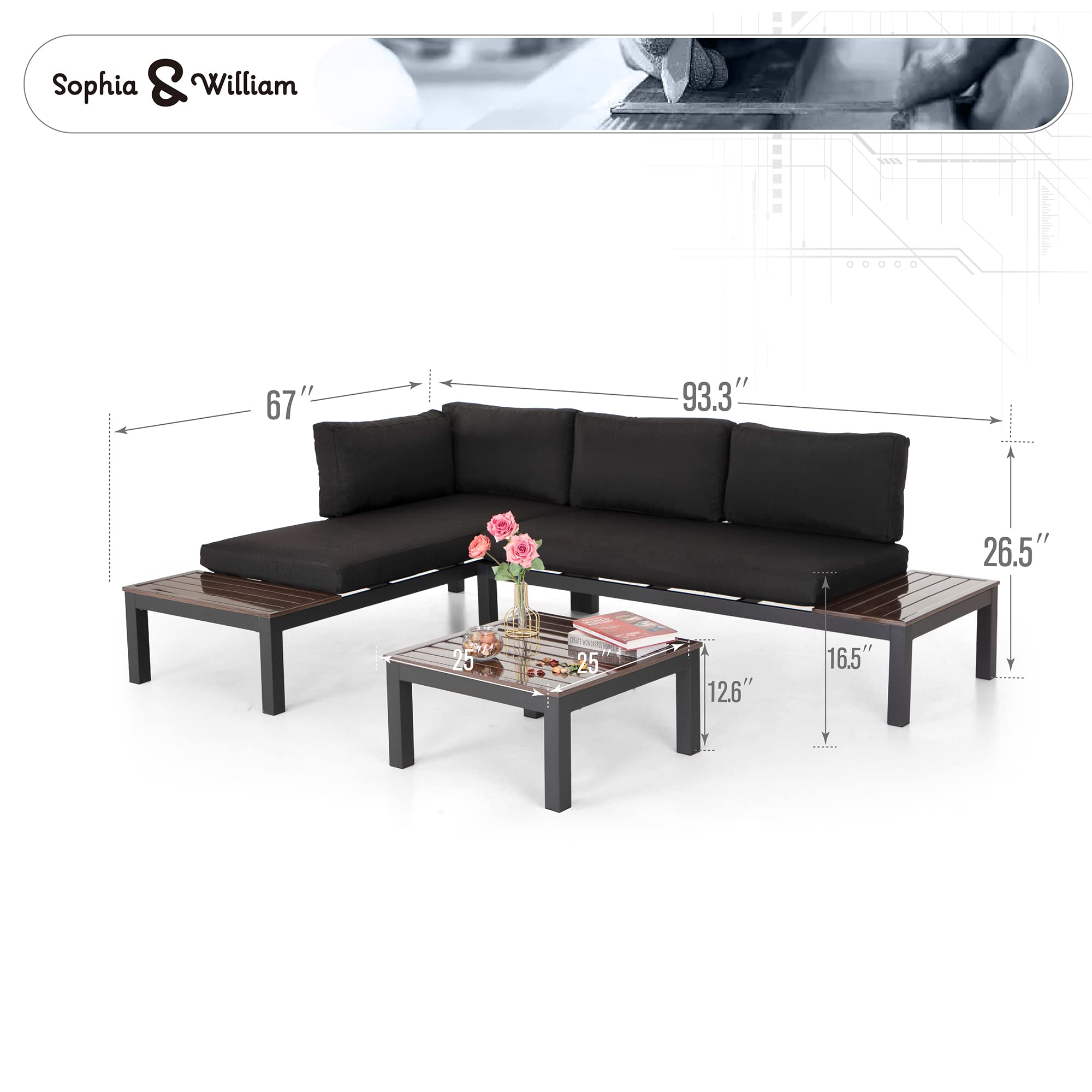 Sophia & William 7-Piece Aluminum Outdoor Sectional Sofa Set - L-Shaped All-Weather Patio Furniture with Cushions, 2 Loveseats & Coffee Table - Perfect for Backyard, Poolside & Garden Relaxation (Black)