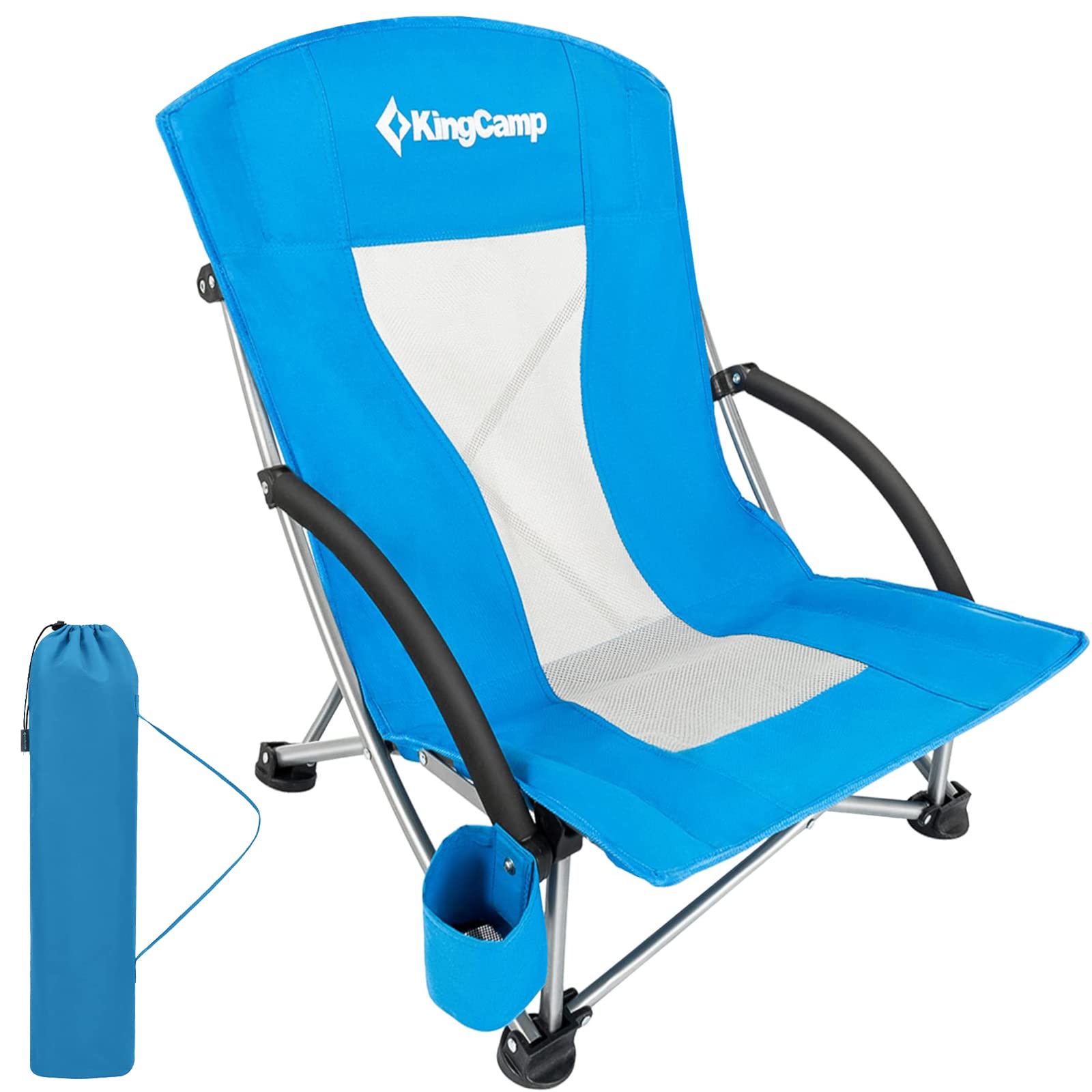 KingCamp Low Beach Chair - Portable Folding Lightweight Backpack Chair for Adults with Cup Holder & Storage Pocket - Perfect for Camping, Concerts, Festivals, Beach, Travel, Sports & Backyard Relaxation (Blue)